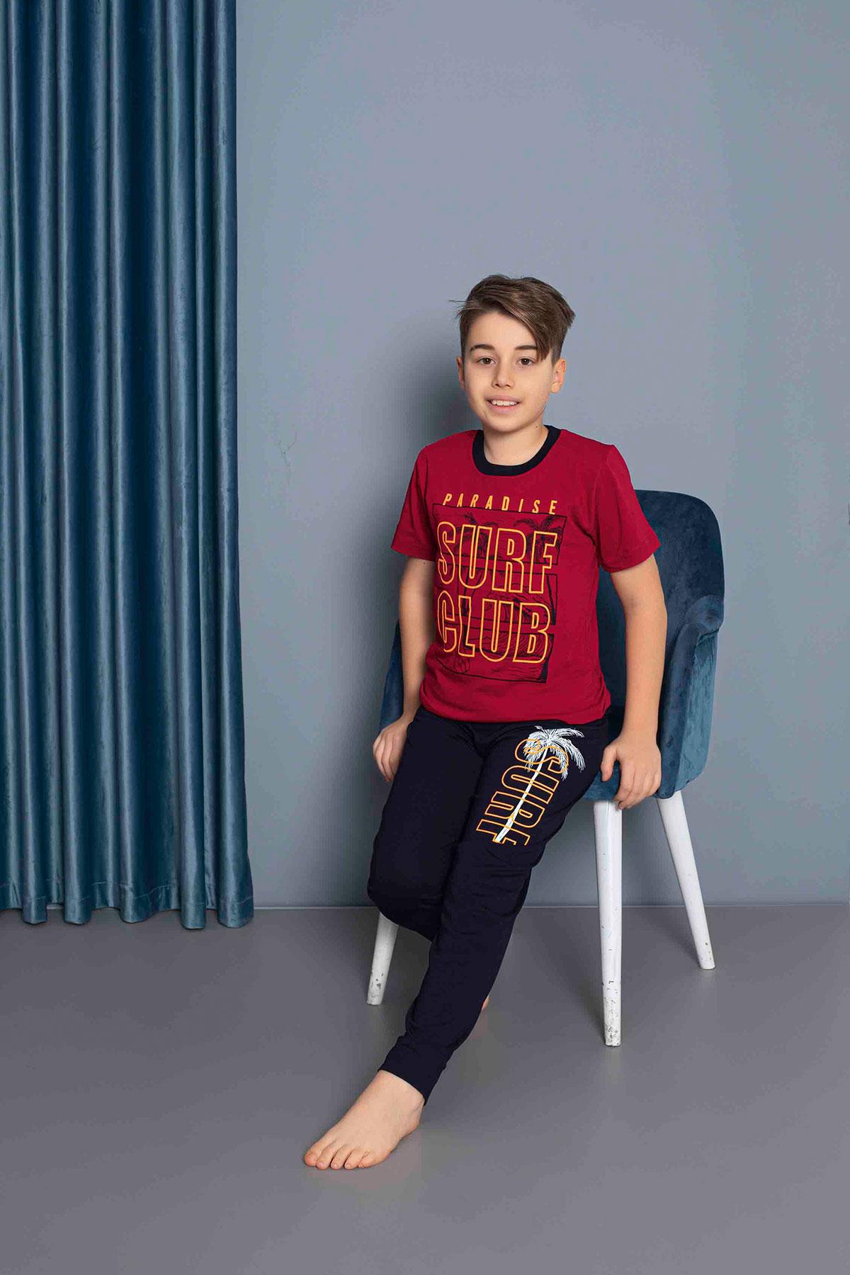 Erkek Çocuk Penye Kısa Kollu Garson Pijama Takımı | Bordo 7217
