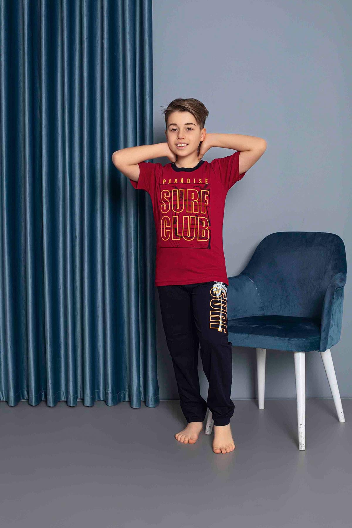 Erkek Çocuk Penye Kısa Kollu Garson Pijama Takımı | Bordo 7217