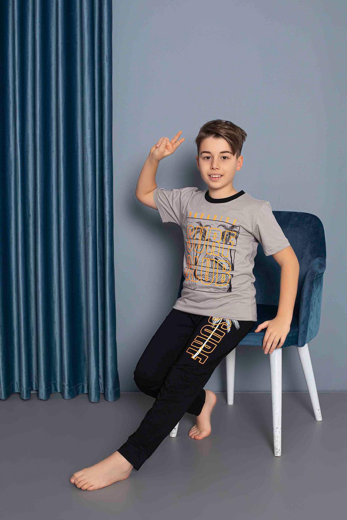 Erkek Çocuk Penye Kısa Kollu Garson Pijama Takımı | Gri 7217