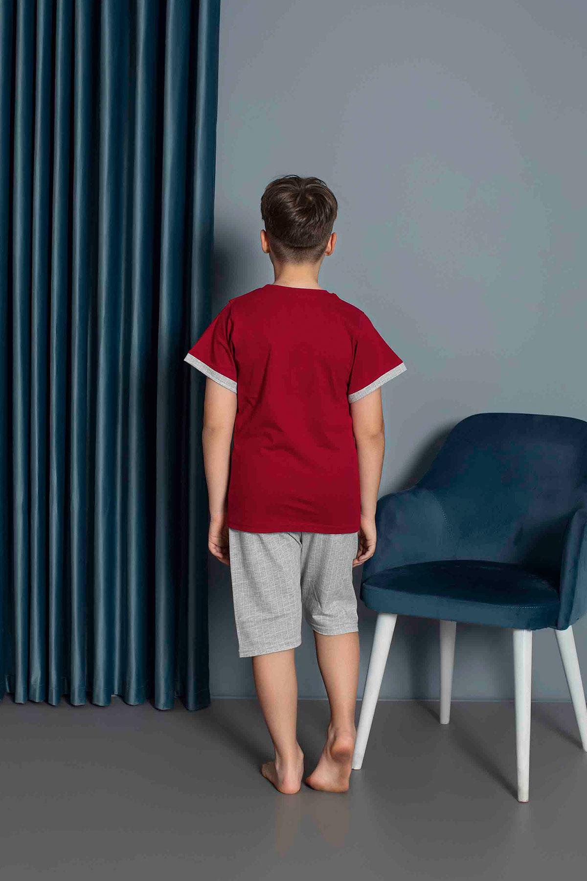 Erkek Çocuk Penye Kısa Kollu Kaprili Pijama Takımı | Bordo 3656