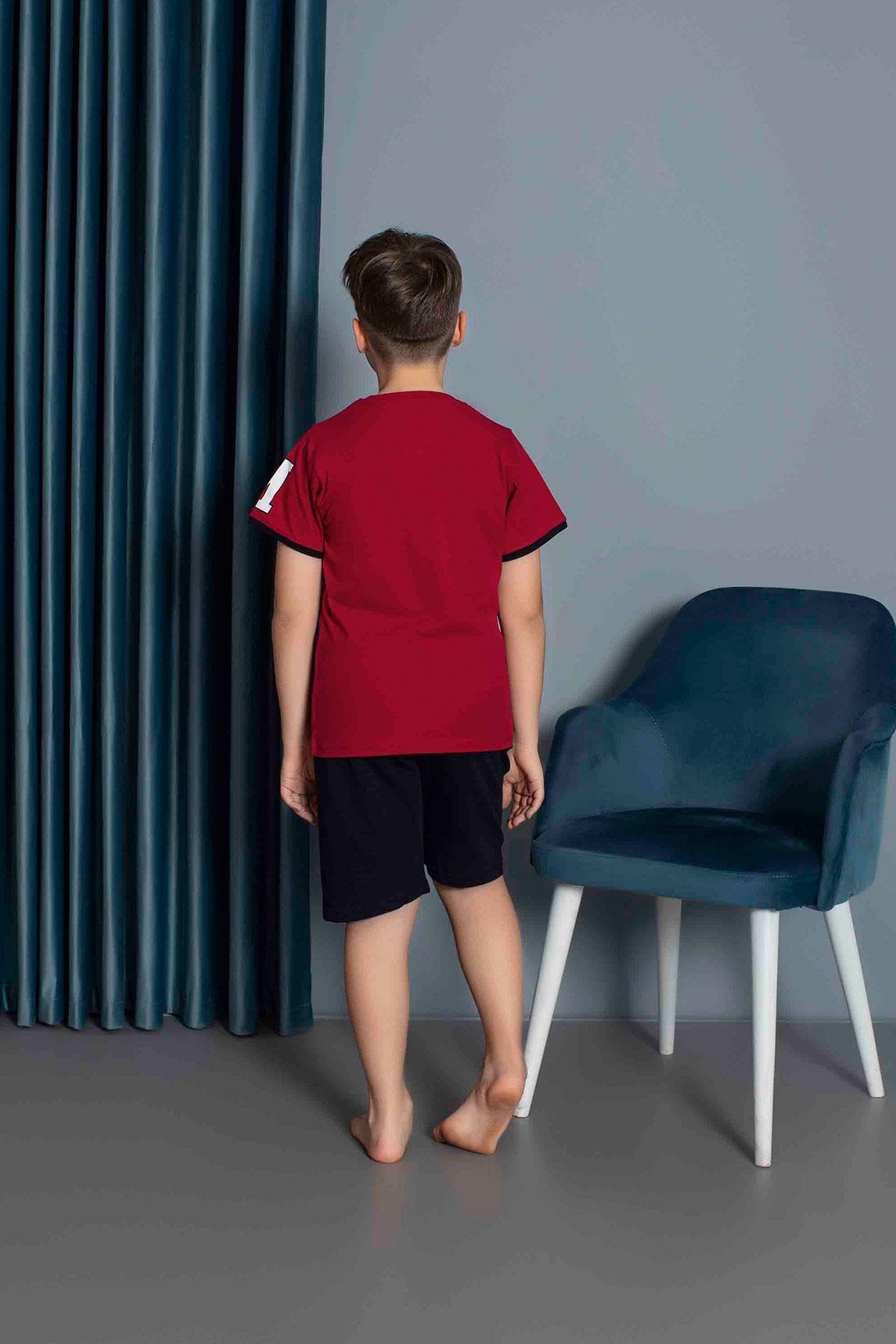 Erkek Çocuk Penye Kısa Kollu Kaprili Pijama Takımı | Bordo 3635