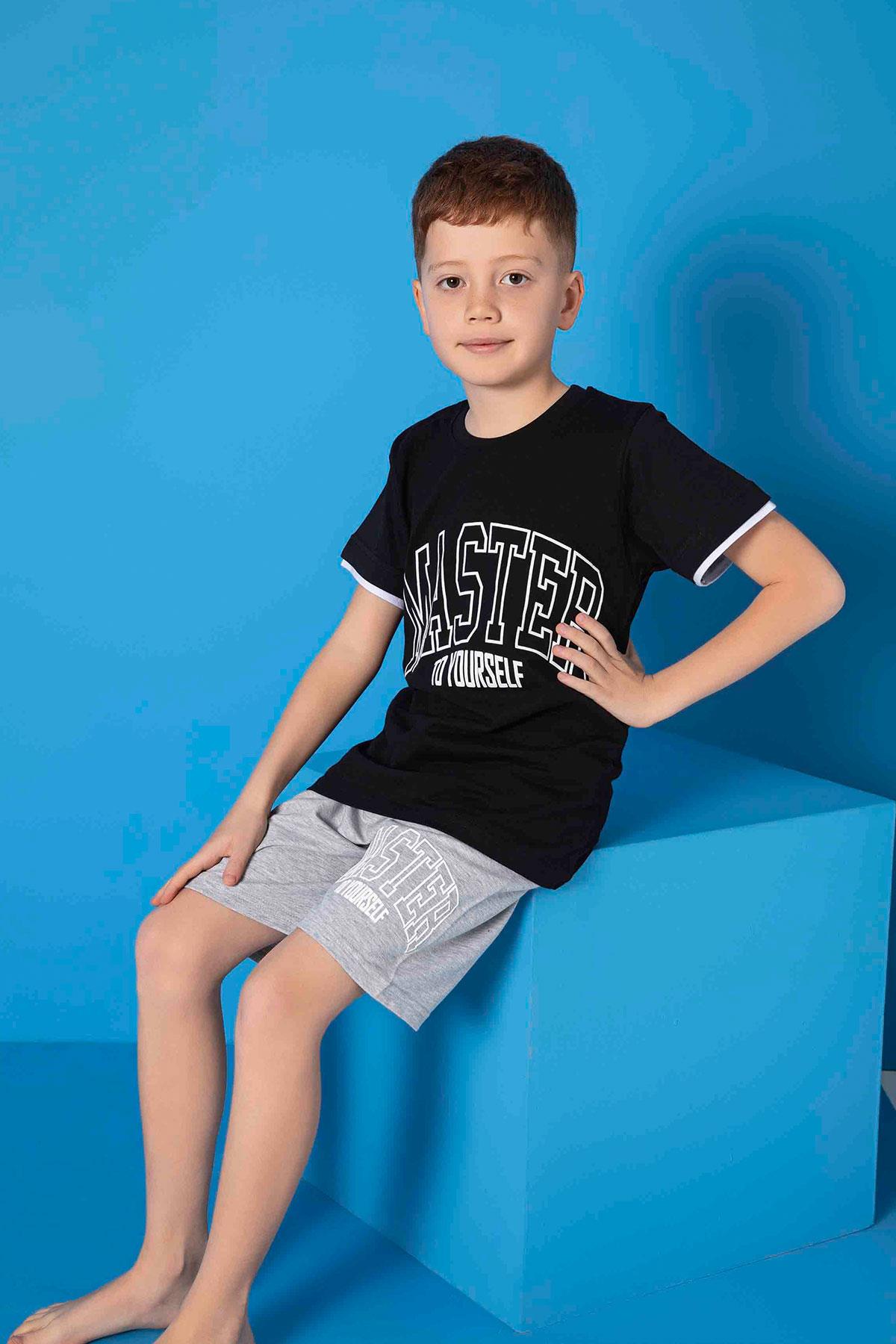 Erkek Çocuk Penye Kısa Kollu Kaprili Pijama Takımı | Siyah 3667