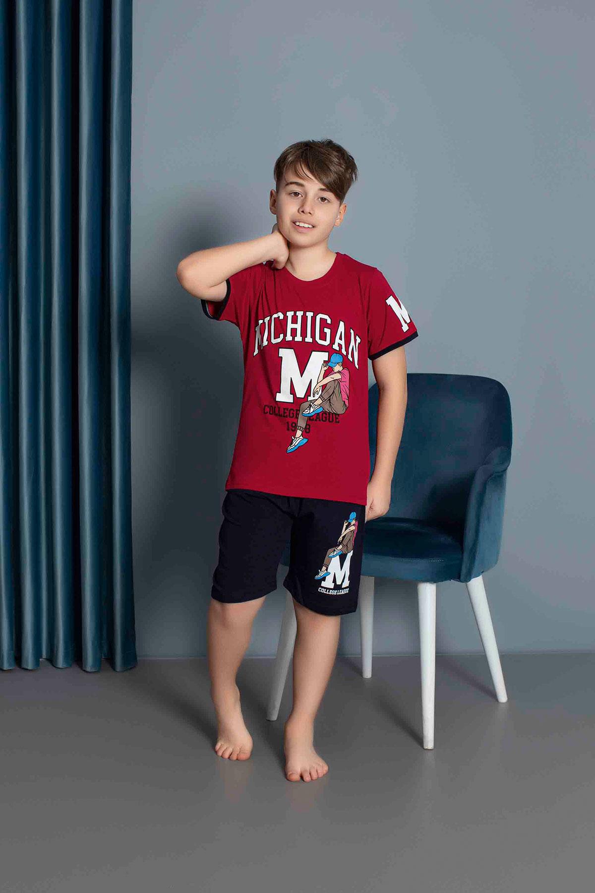Erkek Çocuk Penye Kısa Kollu Kaprili Pijama Takımı | Bordo 3634