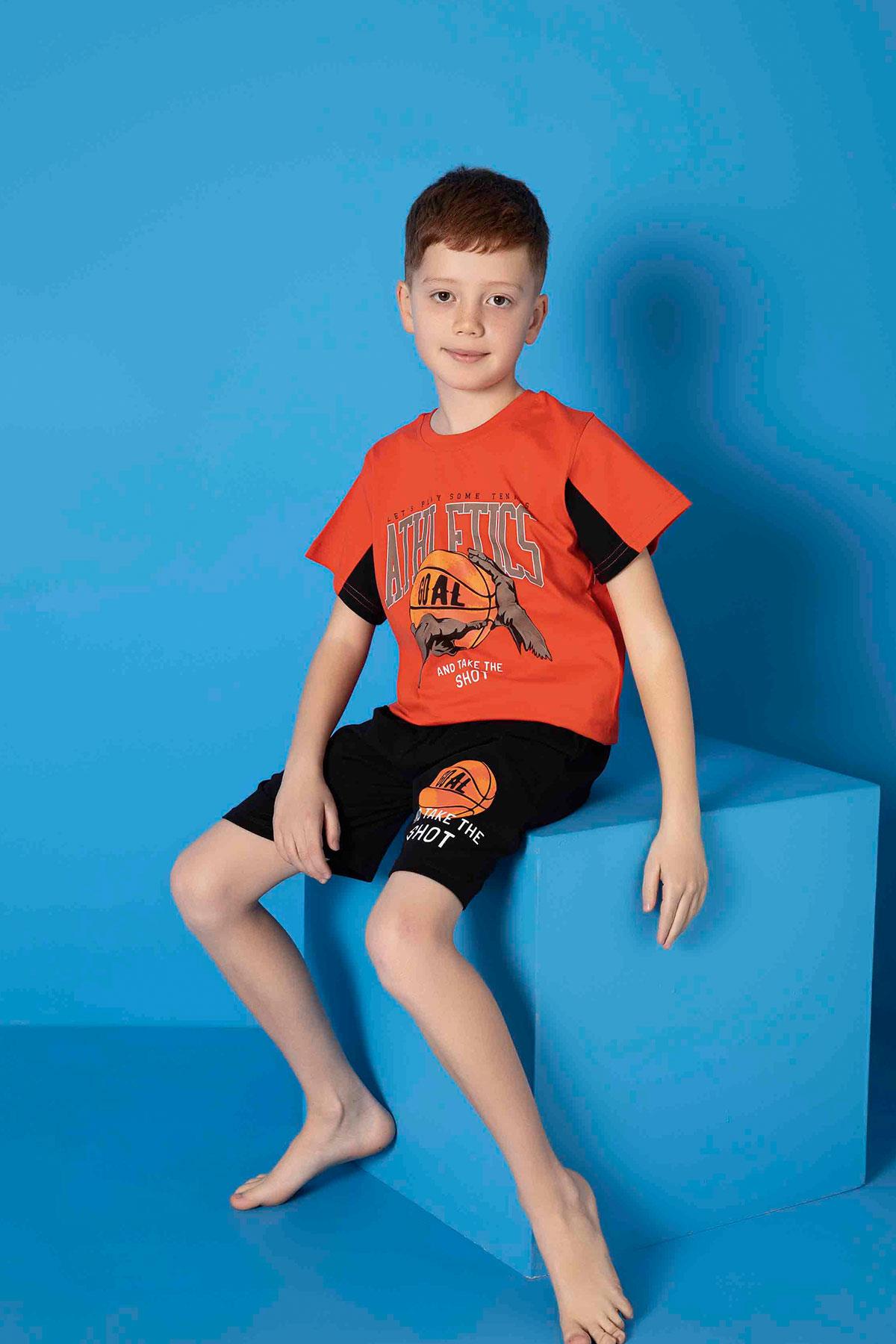 Erkek Çocuk Penye Kısa Kollu Kaprili Pijama Takımı | Turuncu 3666