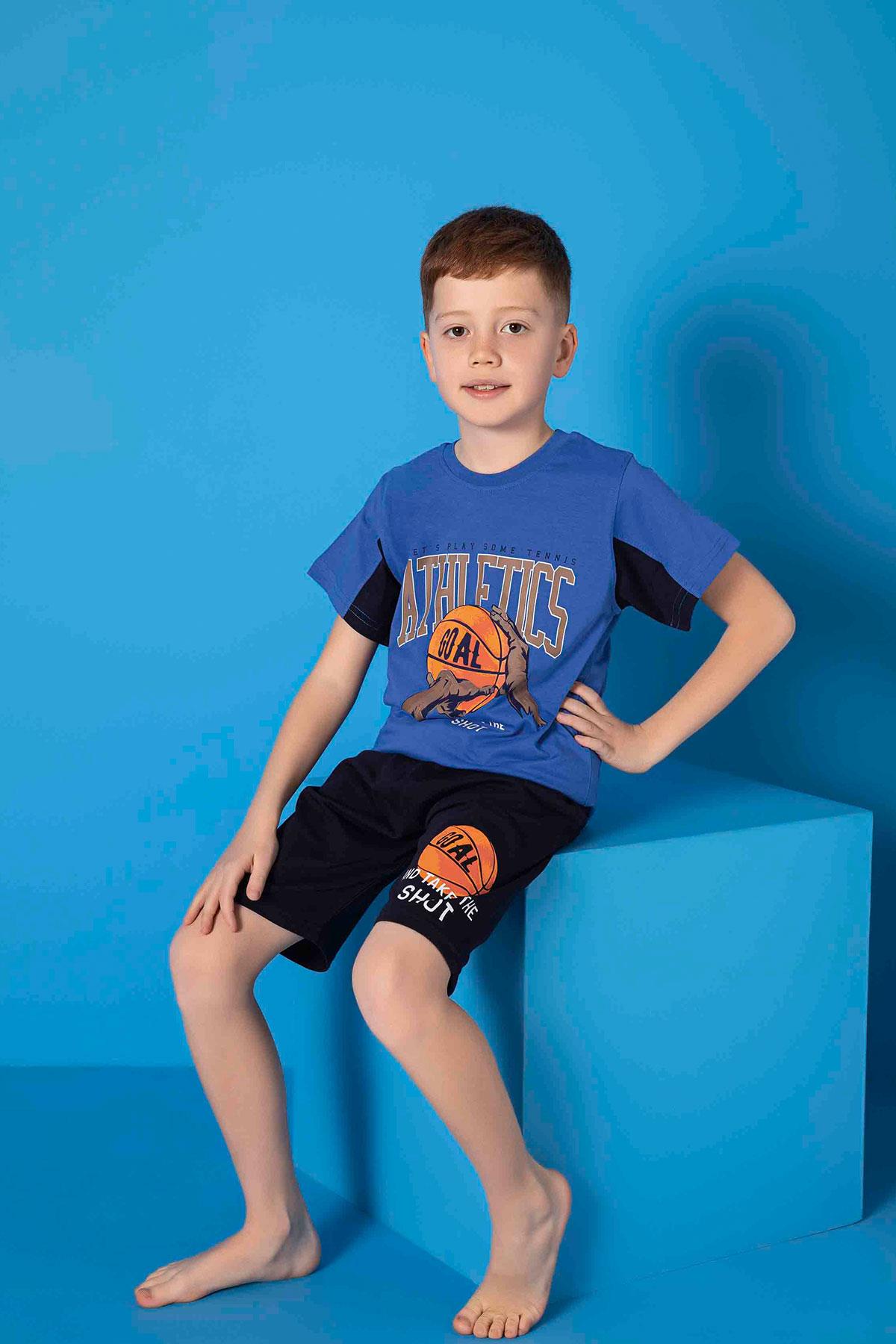 Erkek Çocuk Penye Kısa Kollu Kaprili Pijama Takımı | Saks Mavisi 3666