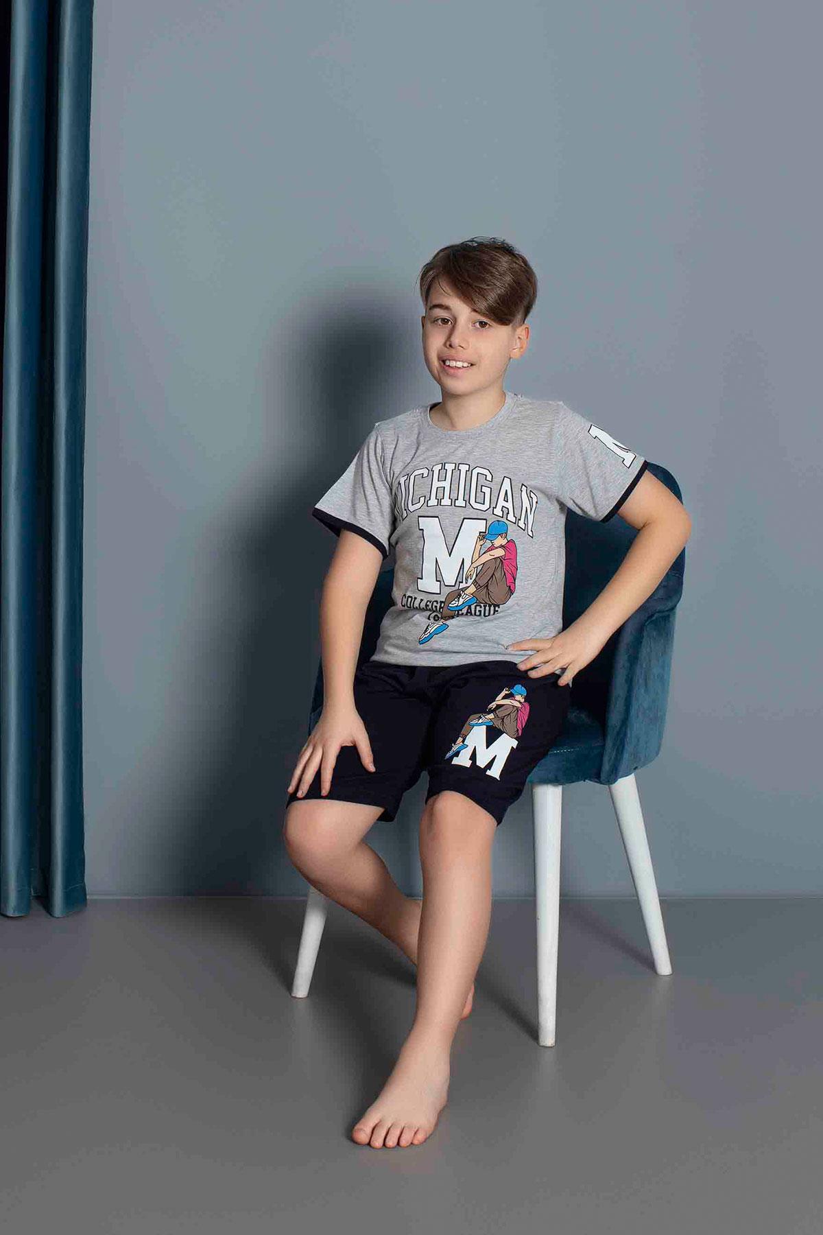 Erkek Çocuk Penye Kısa Kollu Kaprili Pijama Takımı | Gri 3634