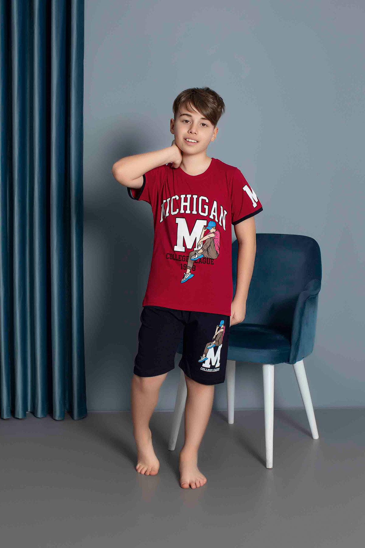 Erkek Çocuk Penye Kısa Kollu Kaprili Pijama Takımı | Bordo 3635