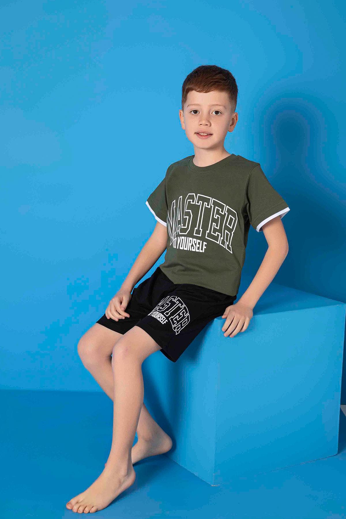 Erkek Çocuk Penye Kısa Kollu Kaprili Pijama Takımı | Yeşil 3667