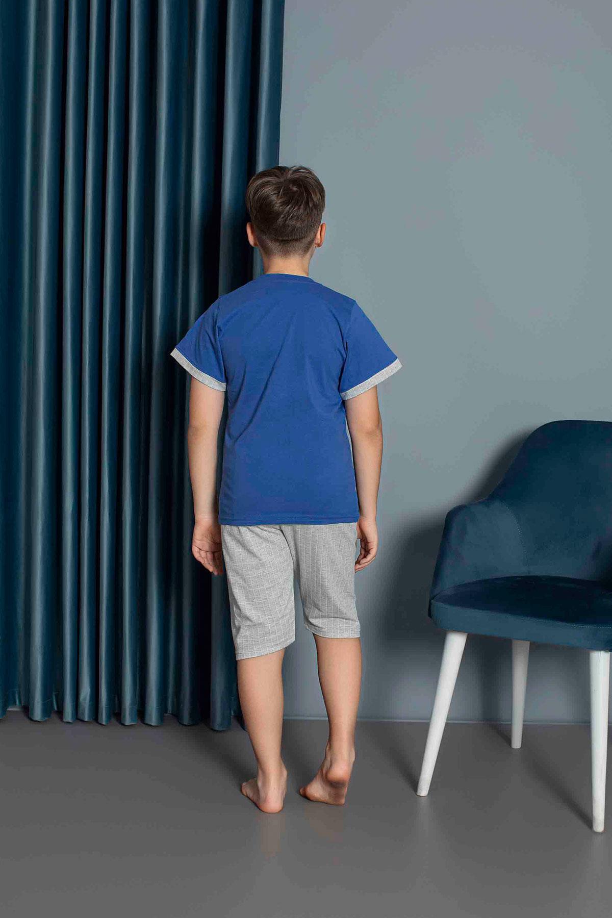 Erkek Çocuk Penye Kısa Kollu Kaprili Pijama Takımı | Saks Mavisi 3656