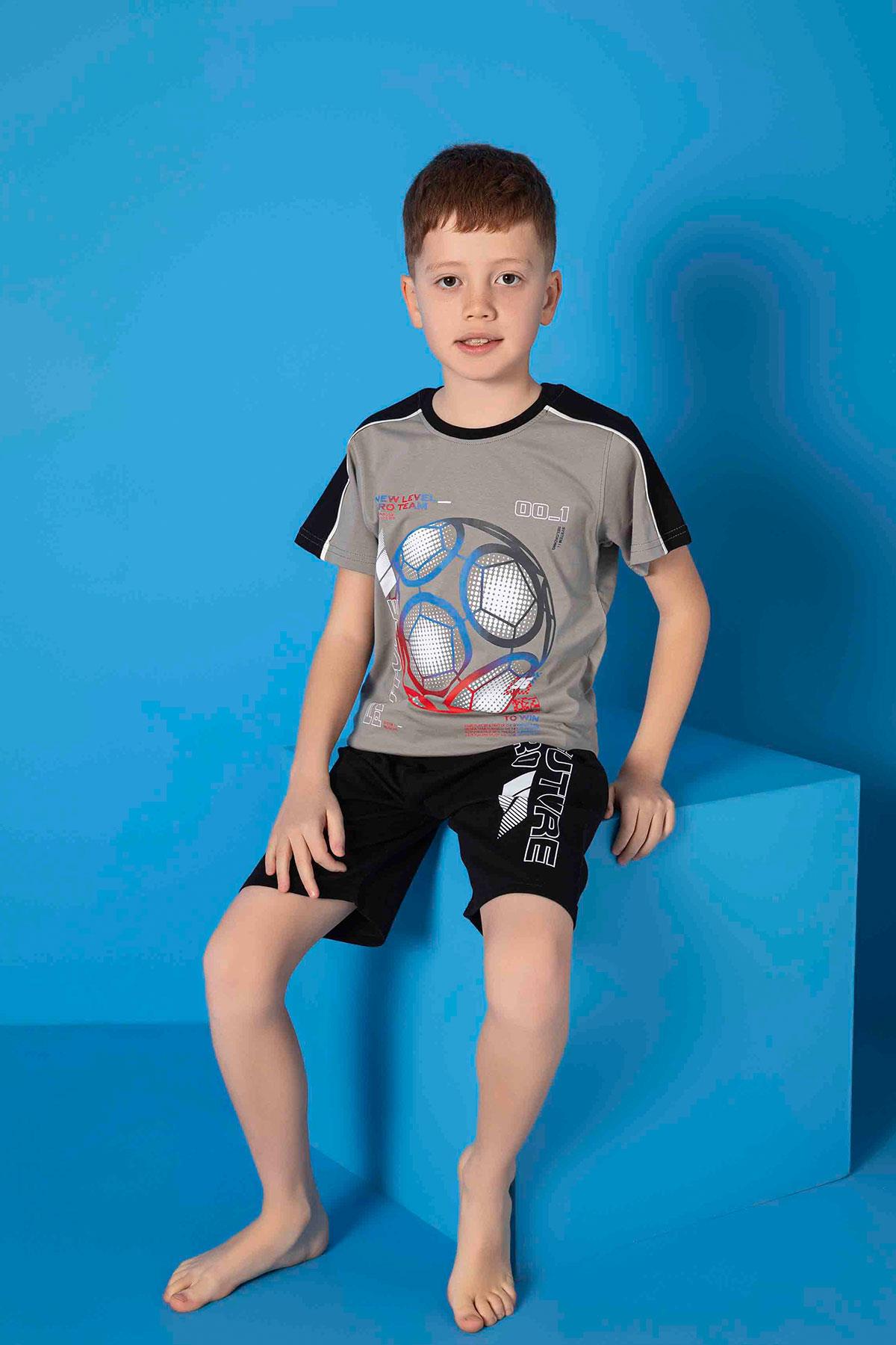 Erkek Çocuk Penye Kısa Kollu Kaprili Pijama Takımı | Gri 3664