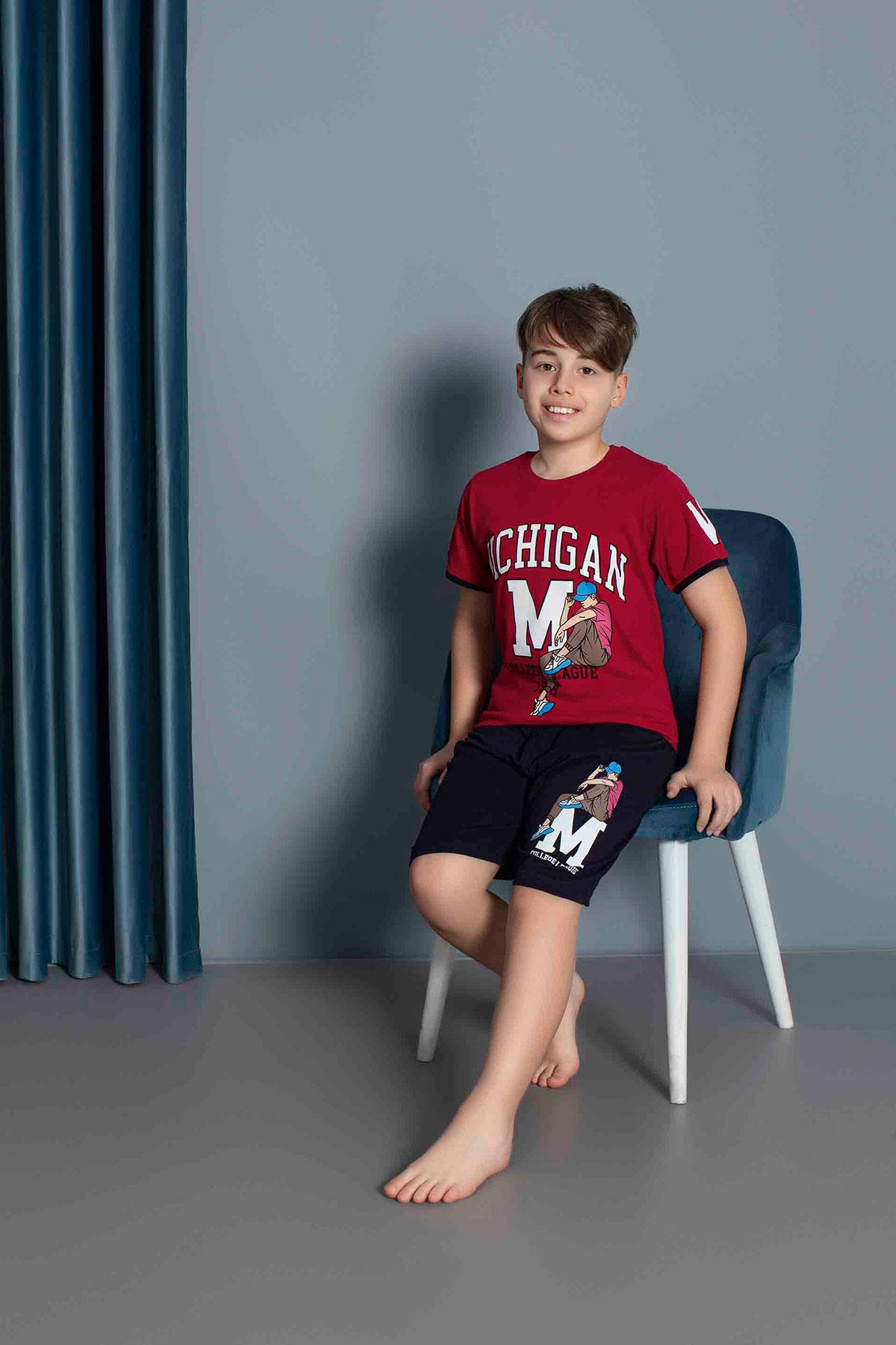 Erkek Çocuk Penye Kısa Kollu Kaprili Pijama Takımı | Bordo 3635