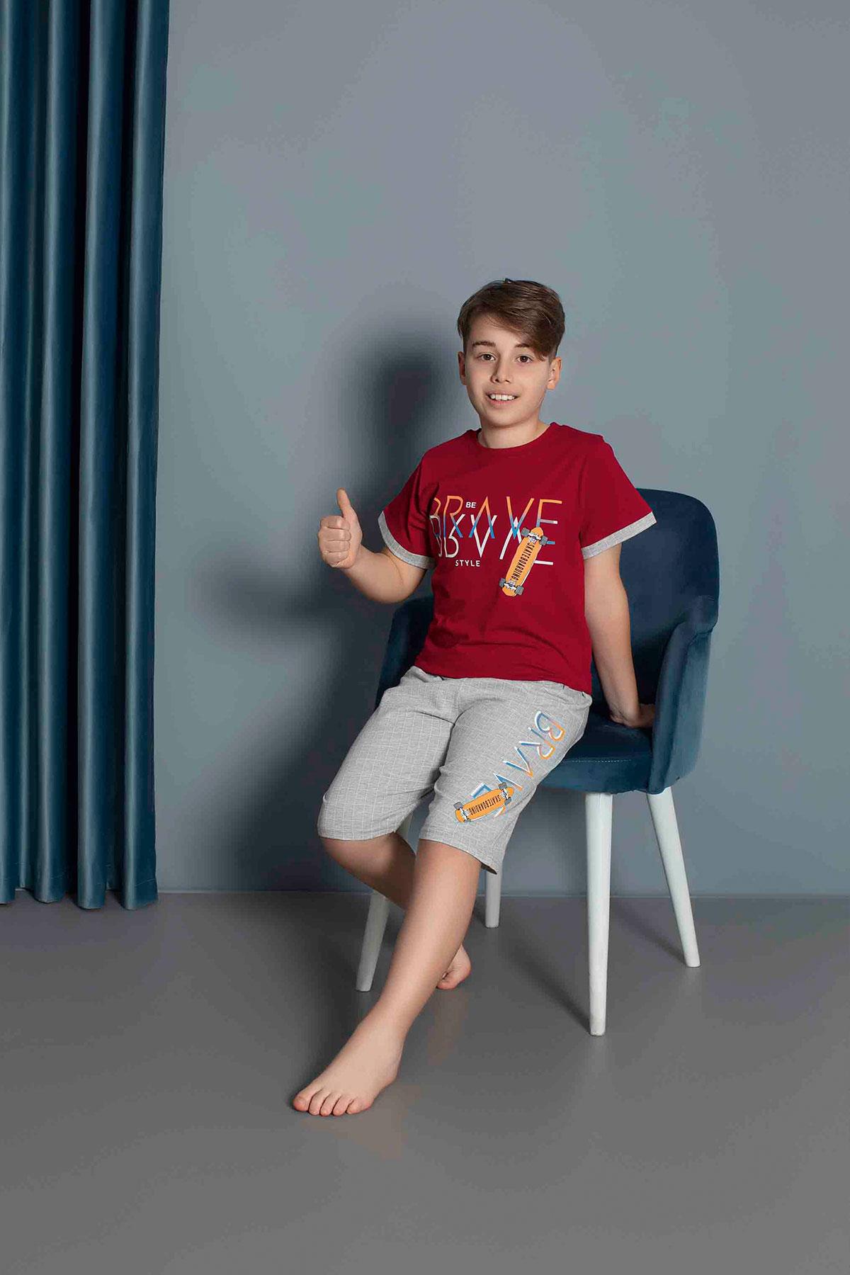 Erkek Çocuk Penye Kısa Kollu Kaprili Pijama Takımı | Bordo 3656
