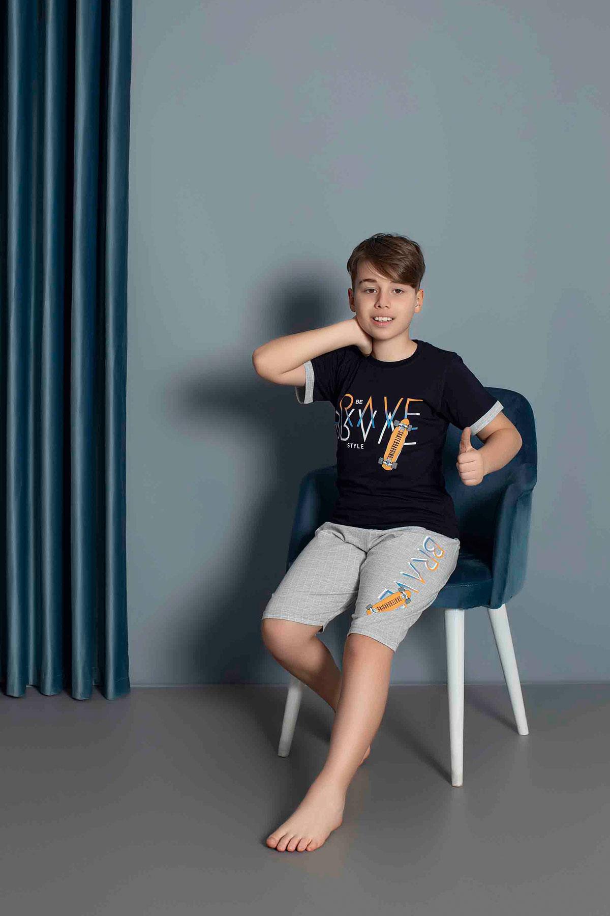 Erkek Çocuk Penye Kısa Kollu Kaprili Pijama Takımı | Lacivert 3656