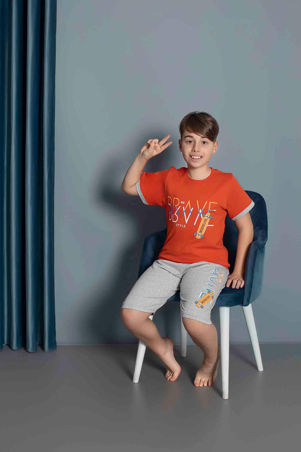 Erkek Çocuk Penye Kısa Kollu Kaprili Pijama Takımı | Turuncu 3656