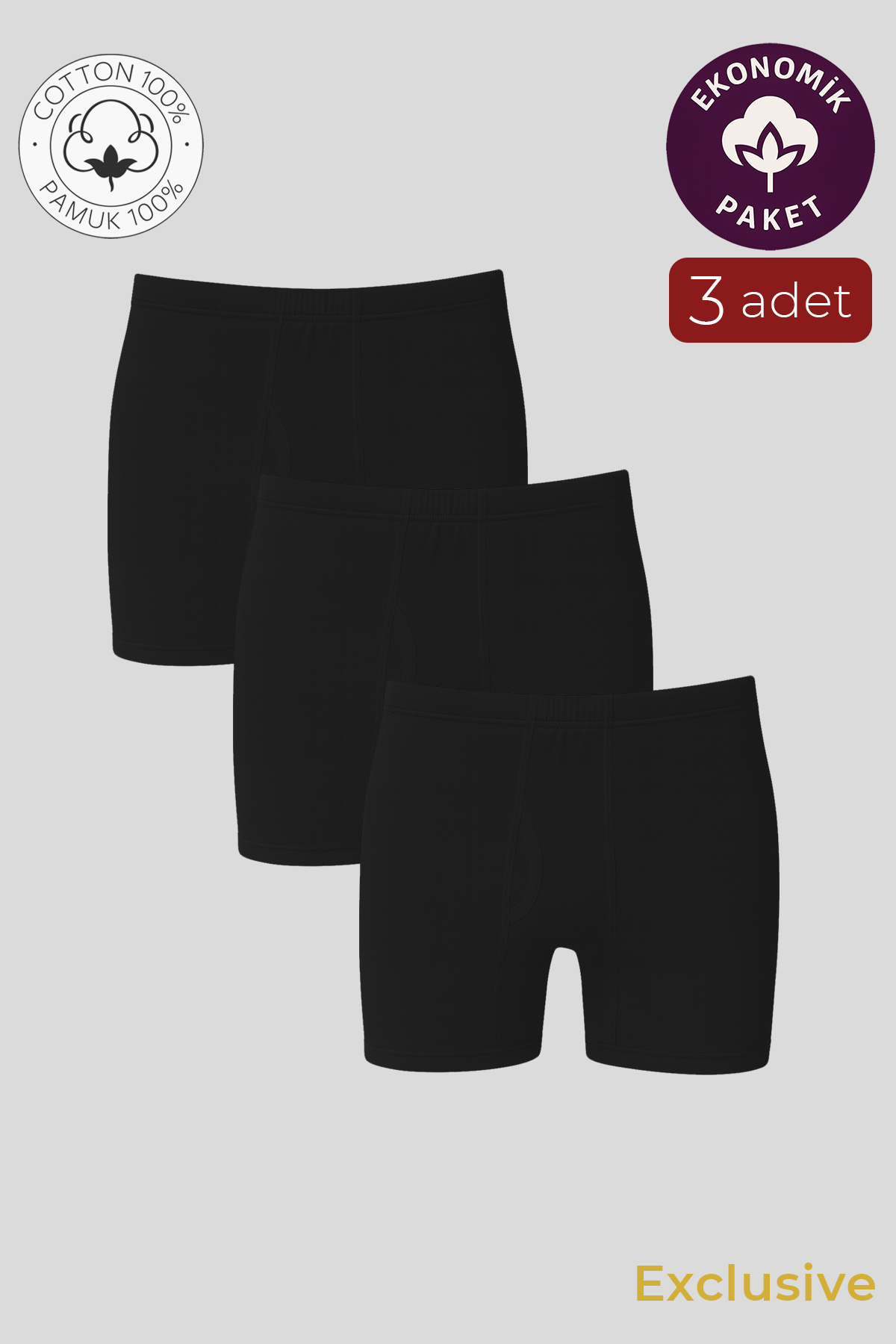 Erkek Pamuklu Penye Paçalı Boxer 3'lü Paket – Rahat & Dayanıklı | Siyah K0043