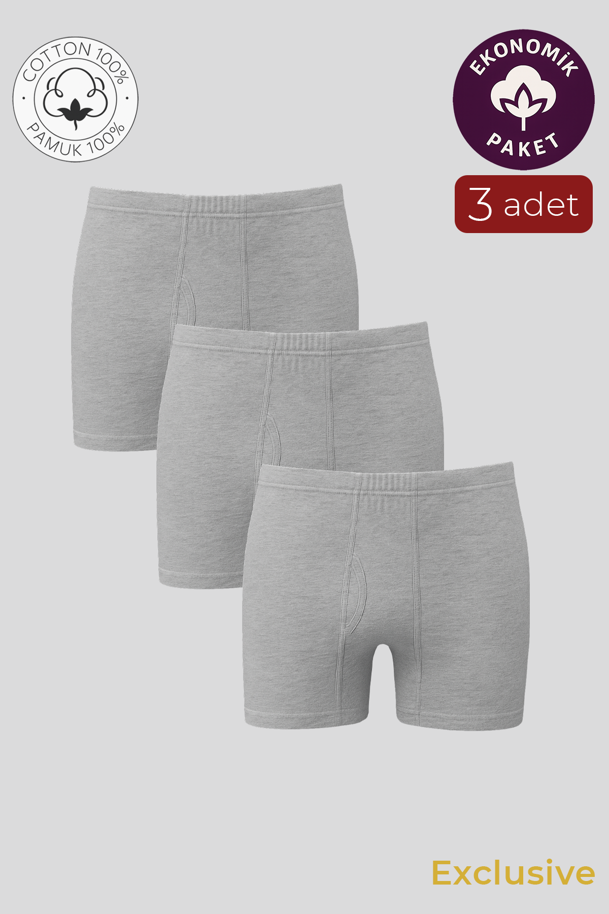 Erkek Pamuklu Penye Paçalı Boxer 3'lü Paket – Rahat & Dayanıklı | Gri Melanj K0043
