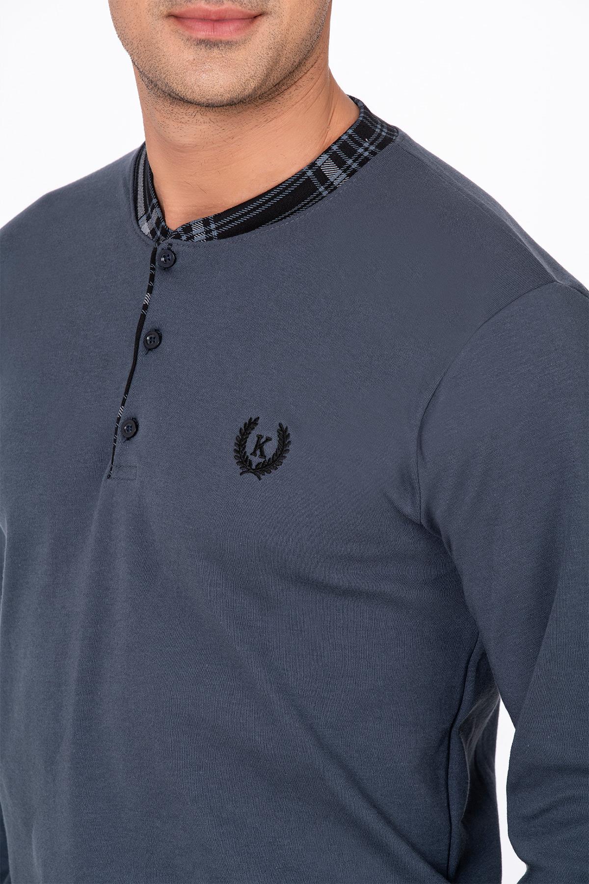 Erkek Patlı Yaka Kareli Pamuklu Pijama Takımı – Lacivert Füme 039