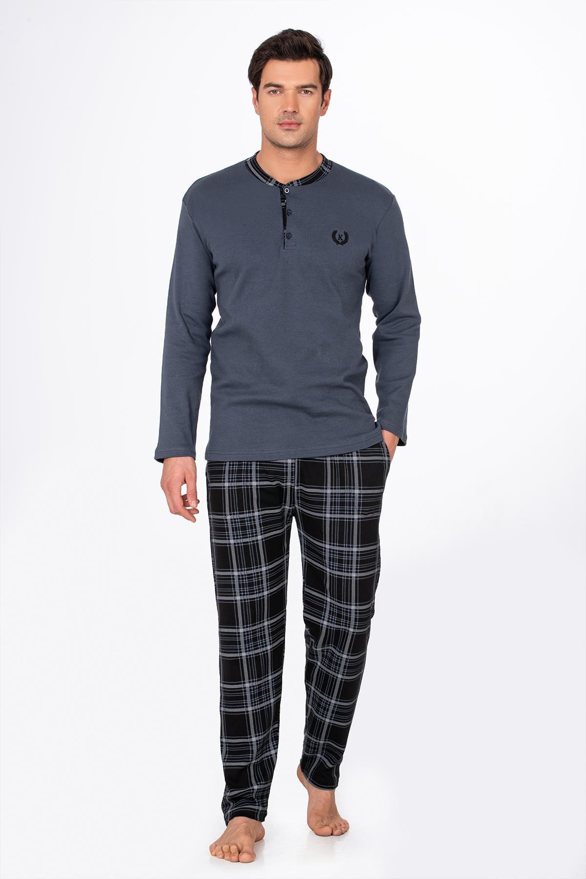 Erkek Patlı Yaka Kareli Pamuklu Pijama Takımı – Lacivert Füme 039