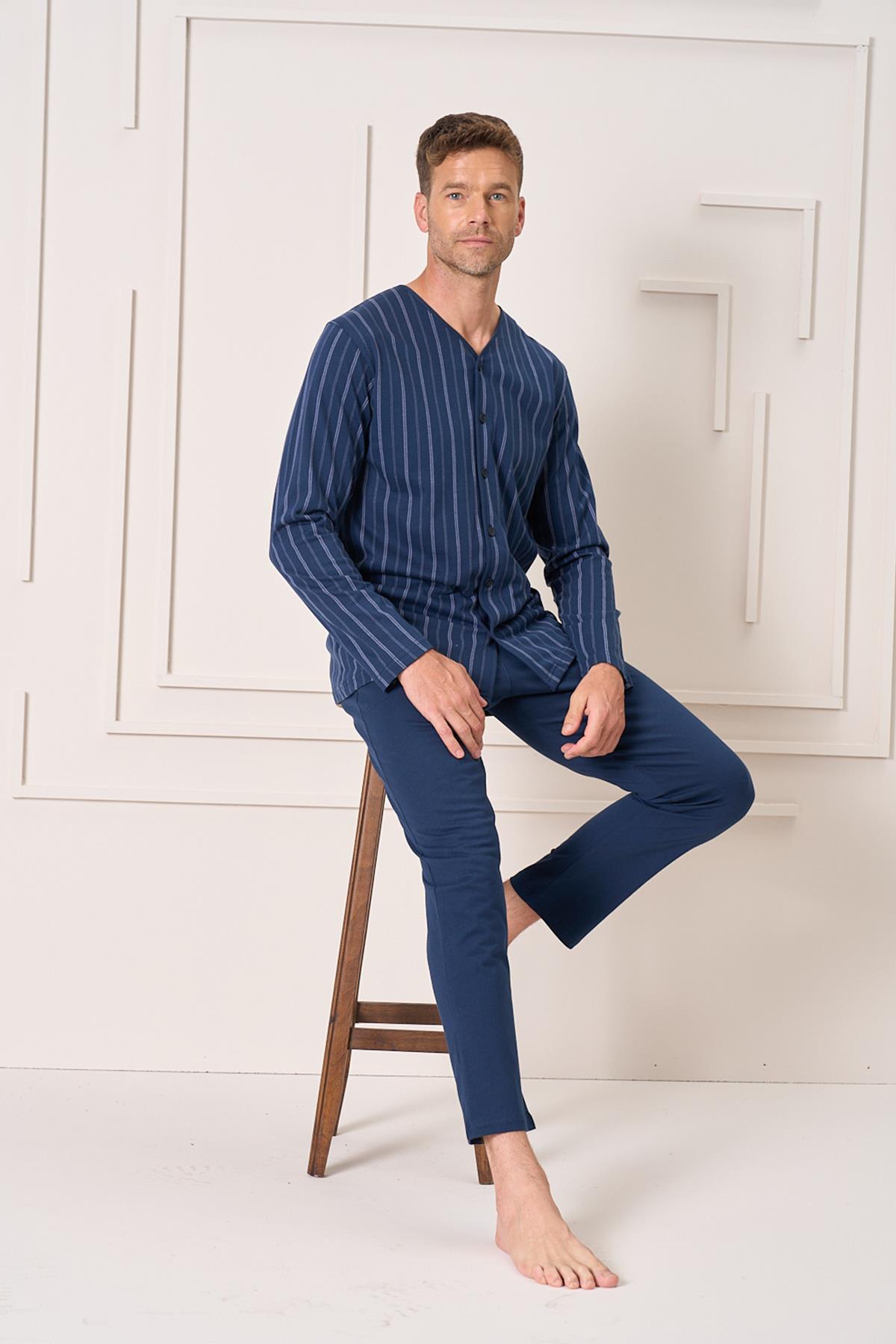 Erkek Penye Süprem Battal Önden Düğmeli Takım | Lacivert 2144