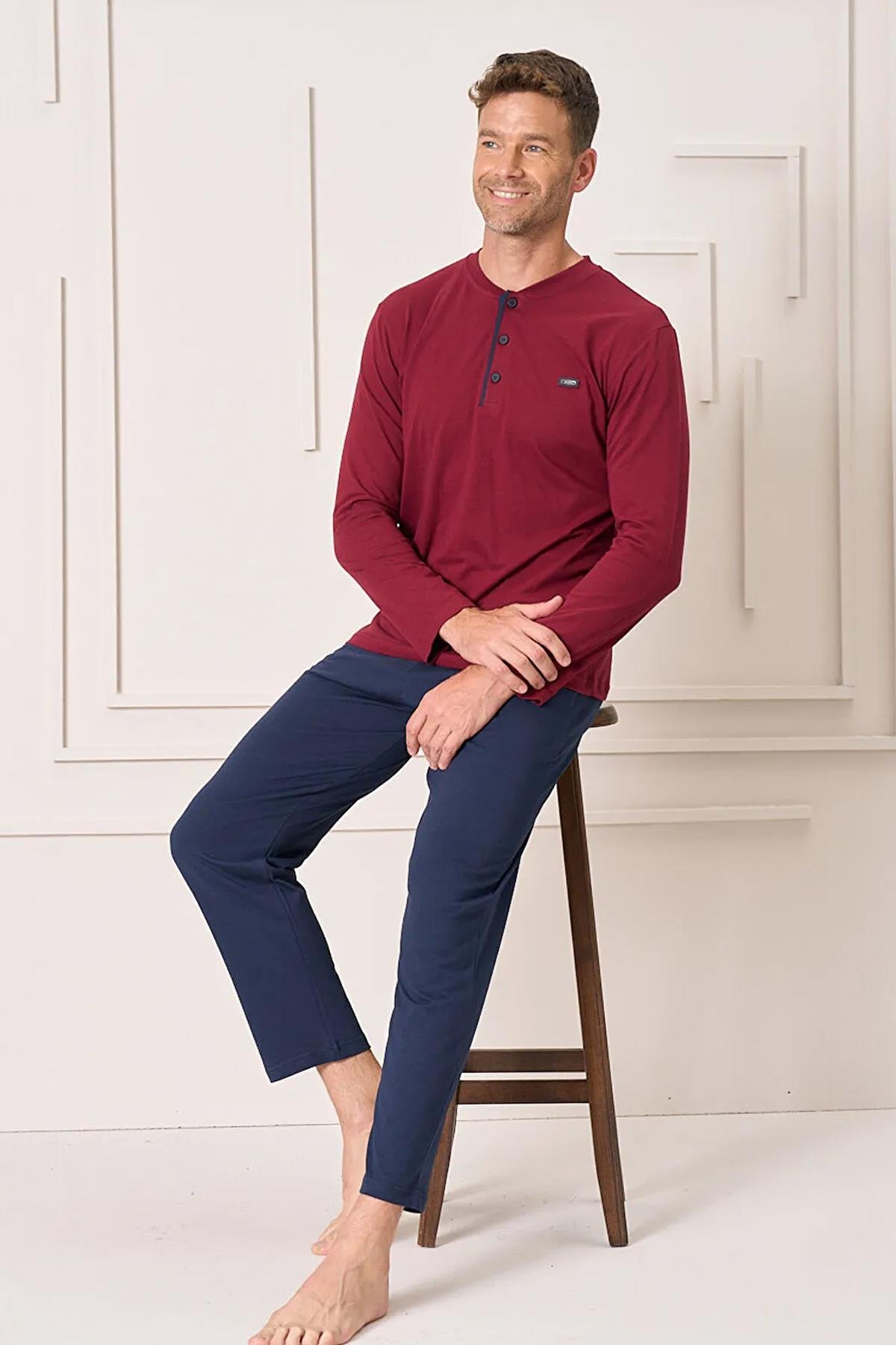 Erkek Penye Süprem Genç Önü Patlı Pijama Takımı | Bordo 4104