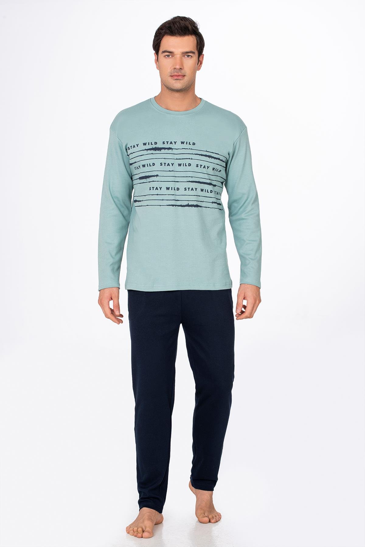 Erkek Stay Wild Baskılı Pamuklu Pijama Takımı | Su Yeşili 028