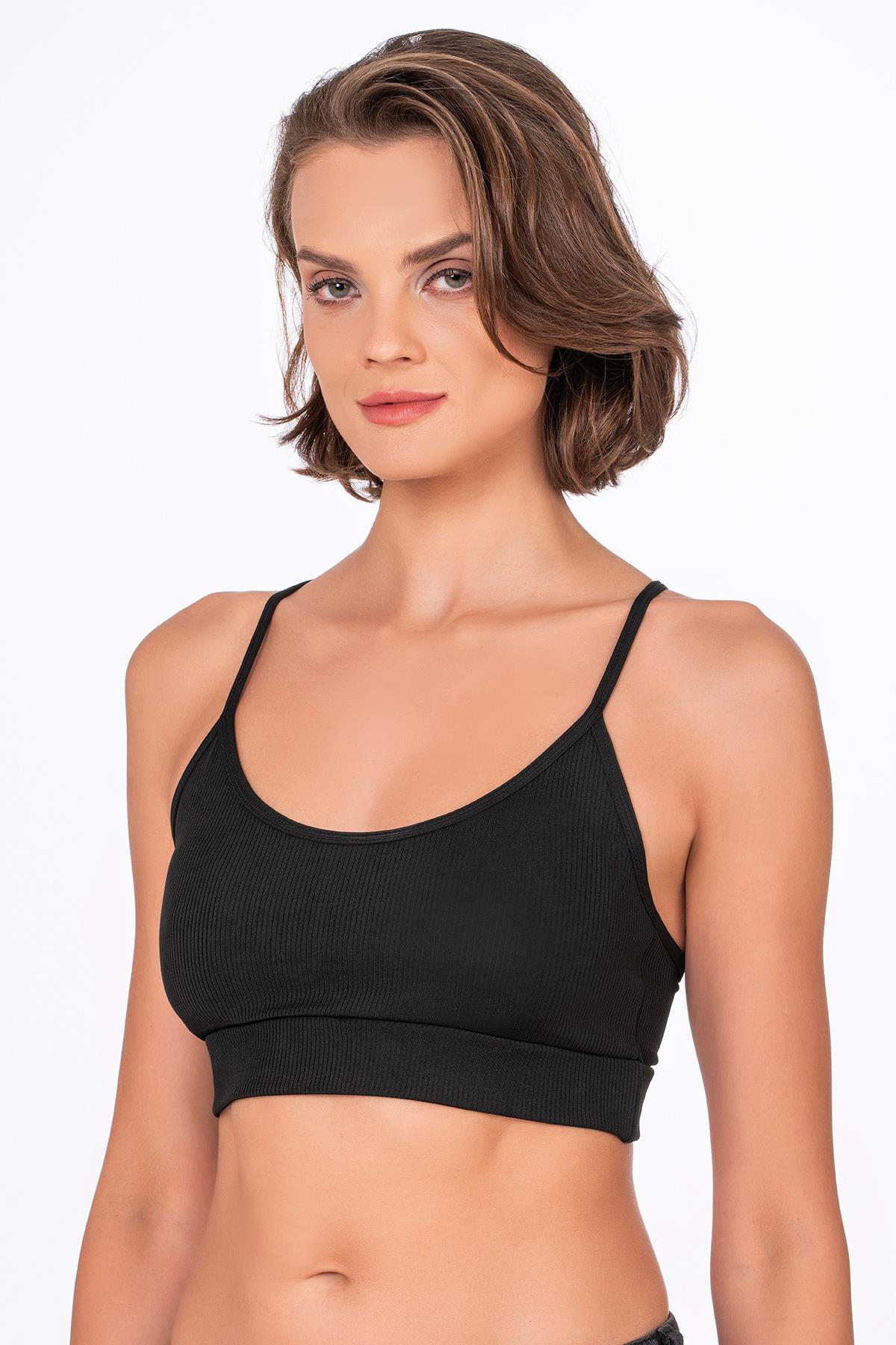 Fitilli İnce Askılı Şekillendirici Spor Sütyeni | Siyah