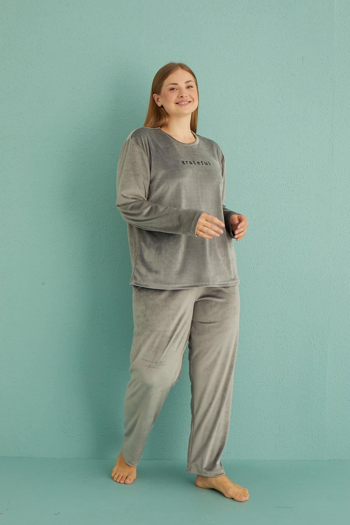 Kadın Battal Kadife Bisiklet Yaka Uzun Kollu Pijama Takımı | 13213