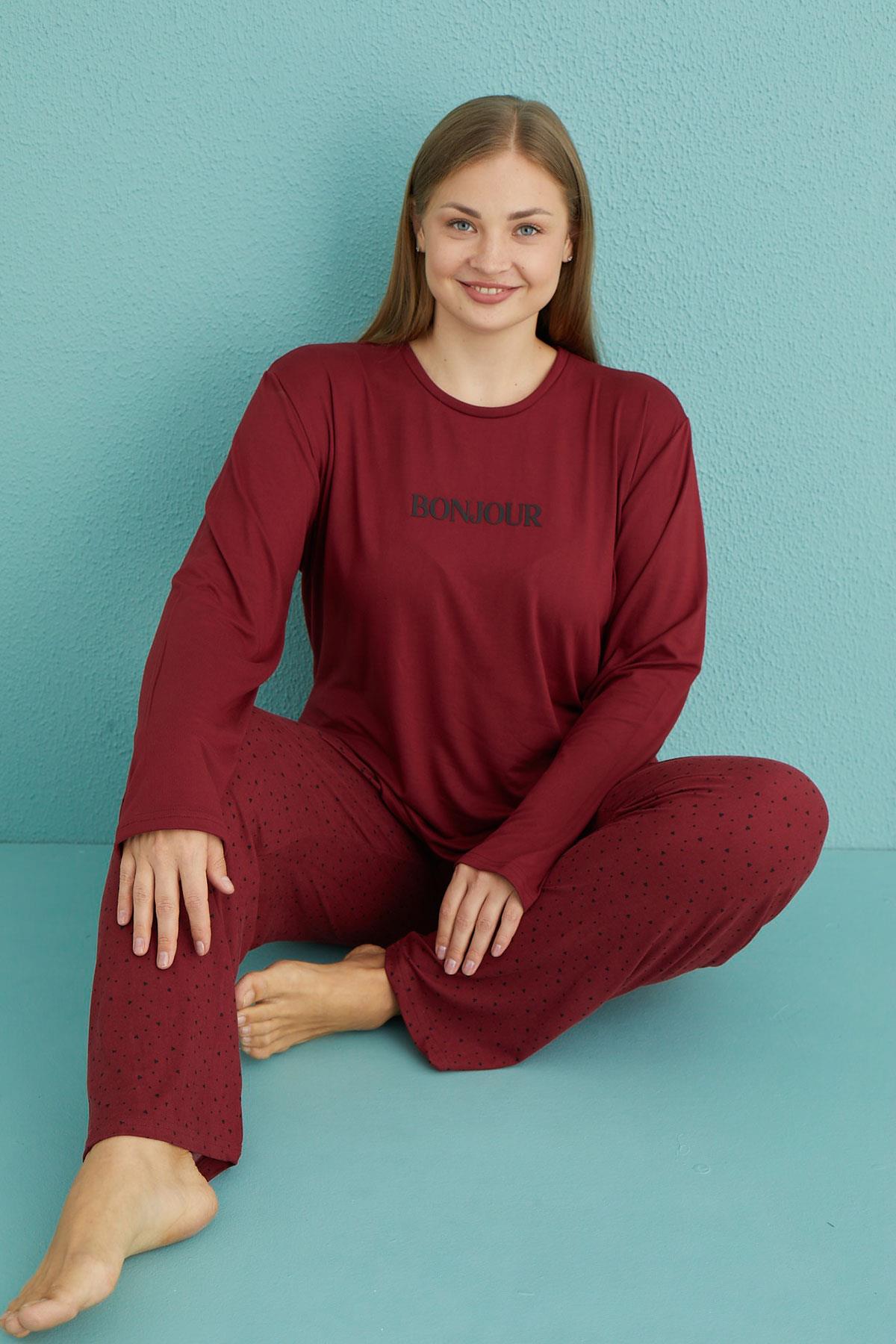Kadın Battal Milan Bisiklet Yaka Uzun Kollu Pijama Takımı | 50802-34