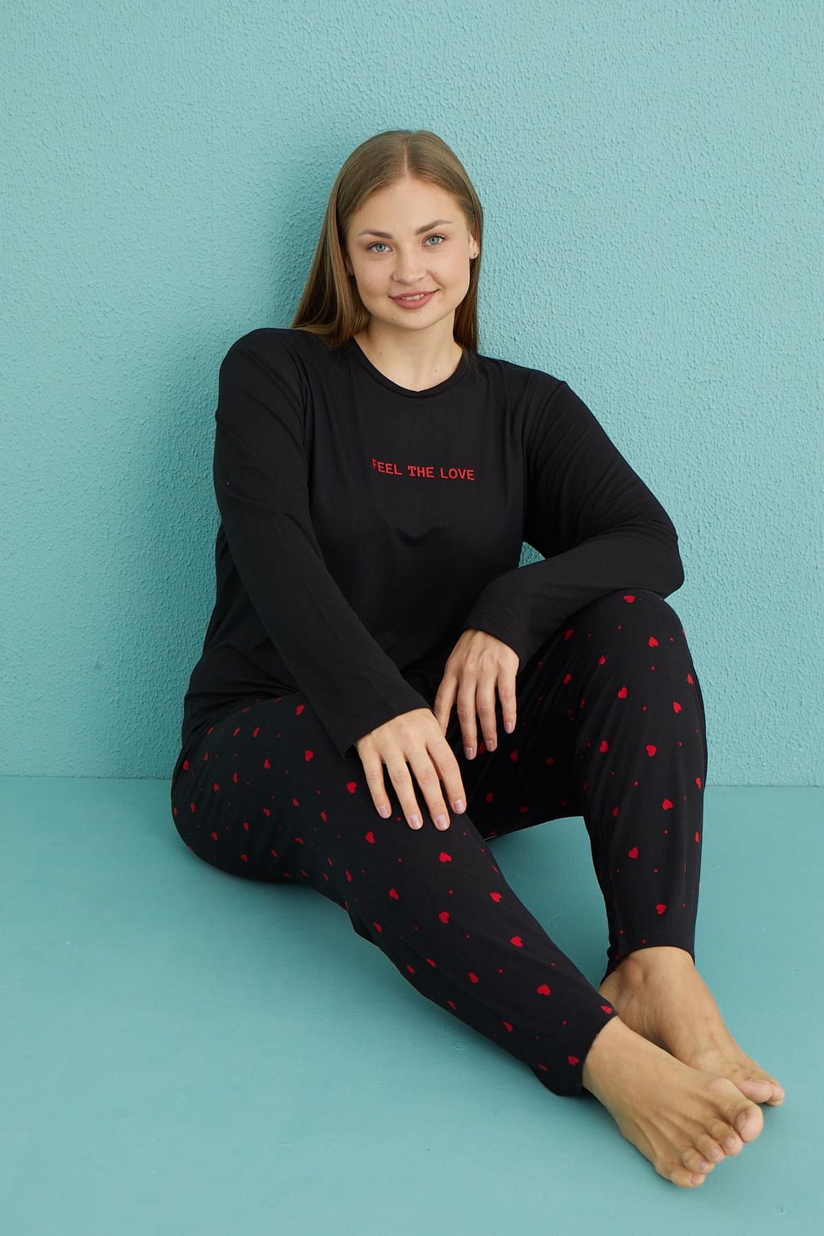 Kadın Battal Milan Bisiklet Yaka Uzun Kollu Pijama Takımı | 50802-37