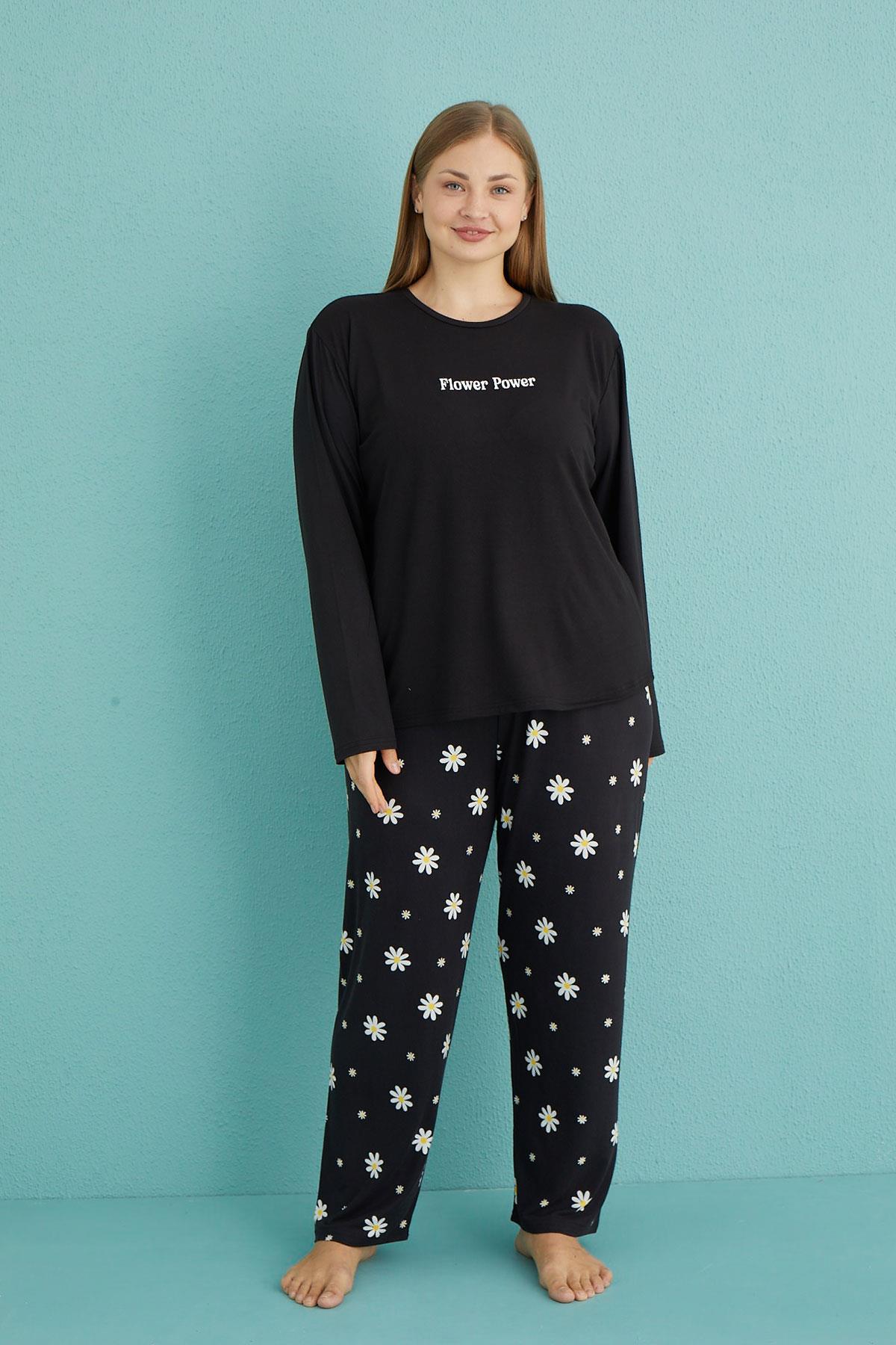 Kadın Battal Milan Bisiklet Yaka Uzun Kollu Pijama Takımı | 50802-38
