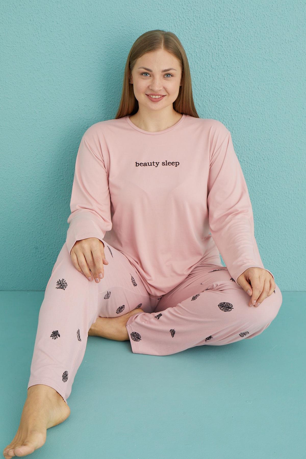 Kadın Battal Milan Bisiklet Yaka Uzun Kollu Pijama Takımı | 50802-32