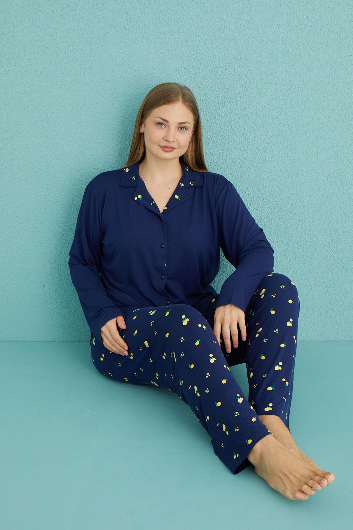 Kadın Battal Milan Önden Düğmeli Uzun Kollu Pijama Takımı | 50851-28