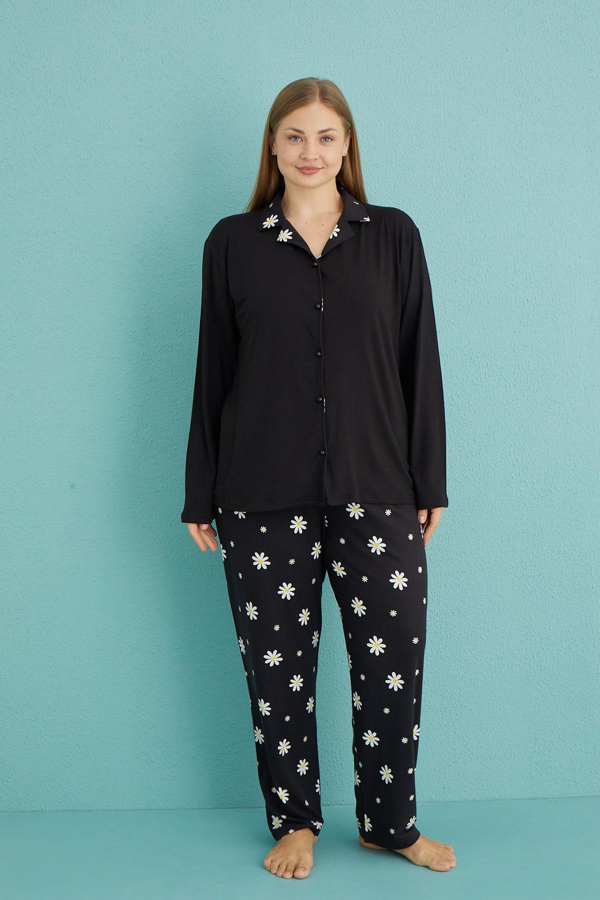 Kadın Battal Milan Önden Düğmeli Uzun Kollu Pijama Takımı | 50851-32