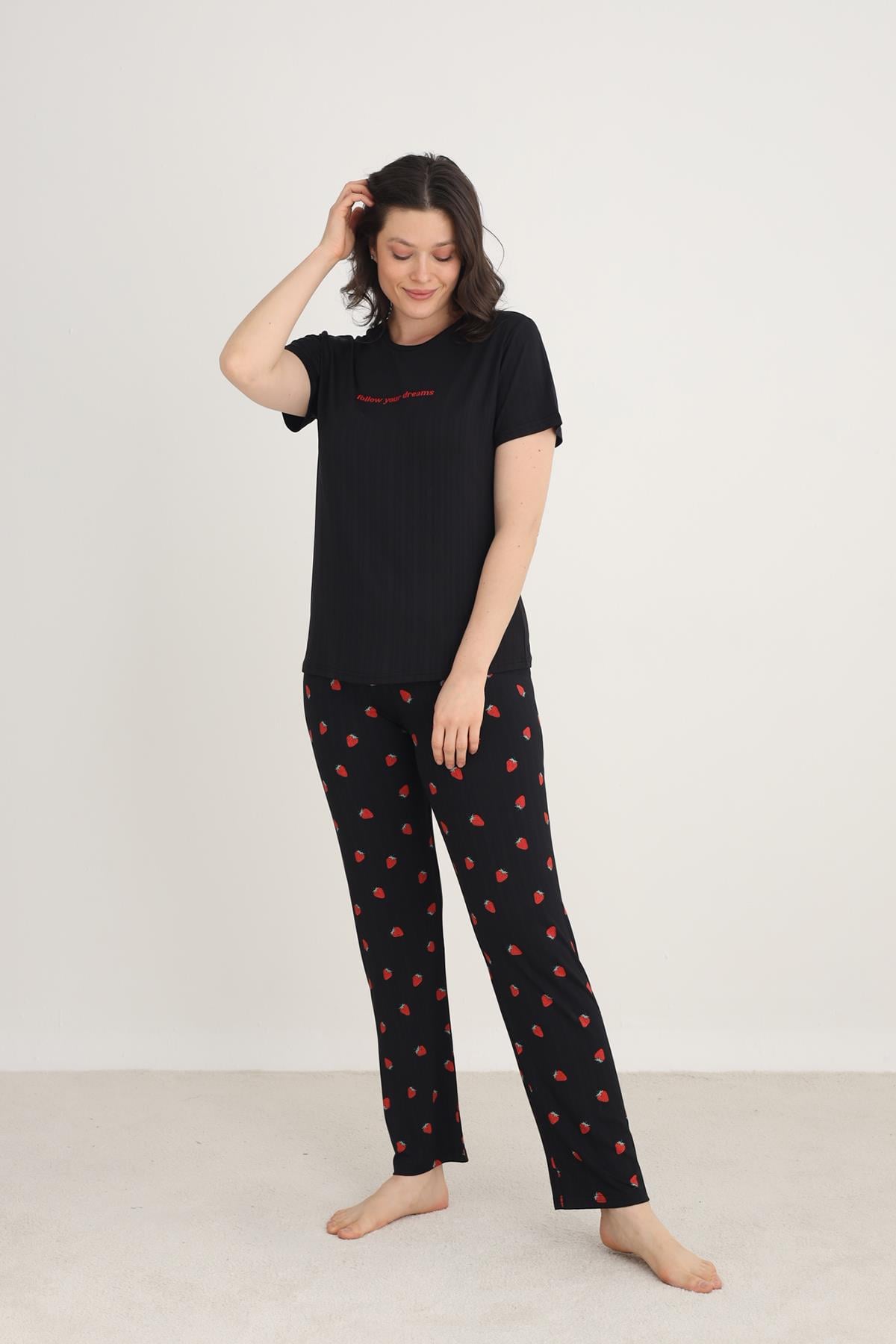 Kadın Bisiklet Yaka Pijama Takım | 80601-1273