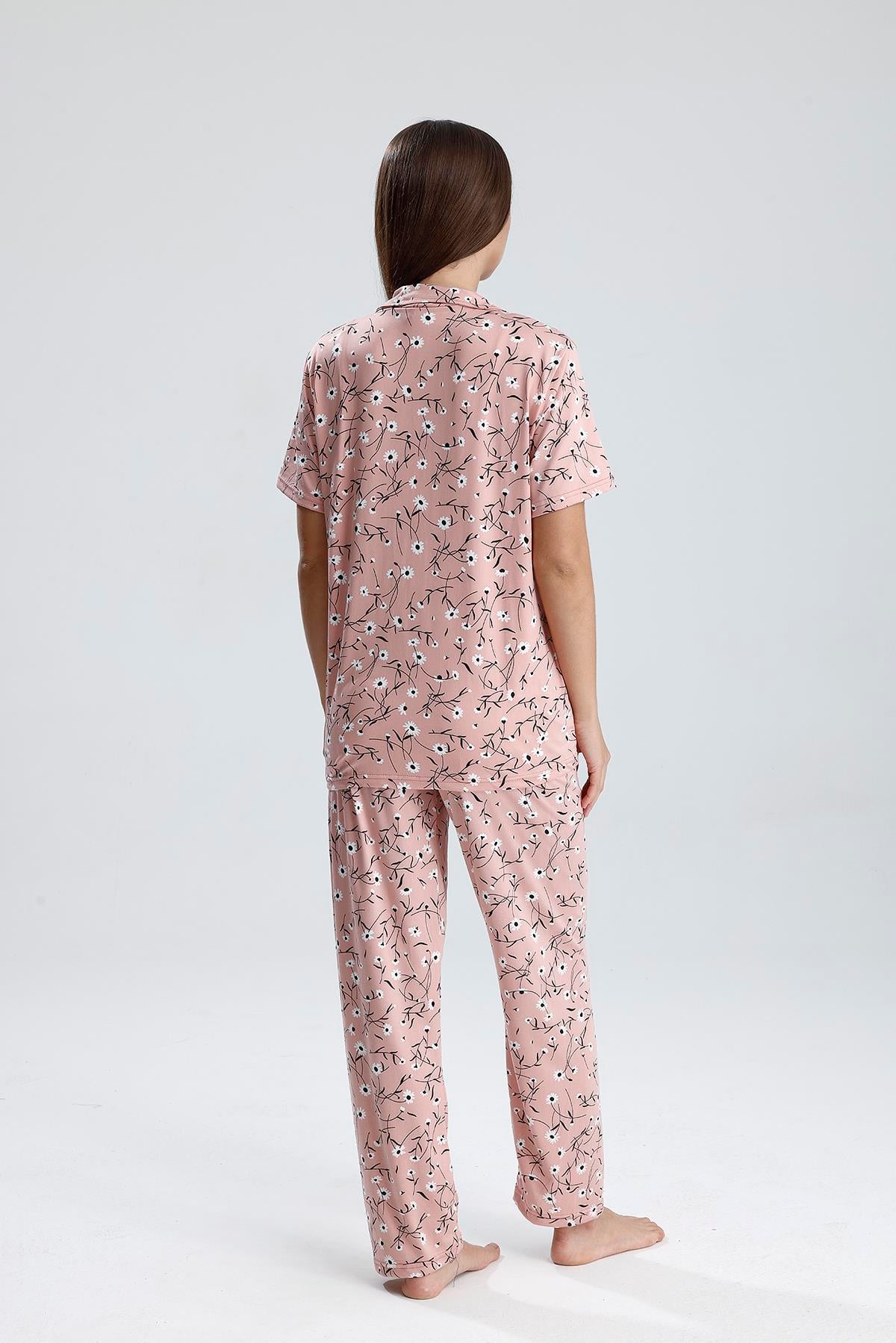 Kadın Çiçek Desen Önden Düğmeli Pijama Takım | Pembe