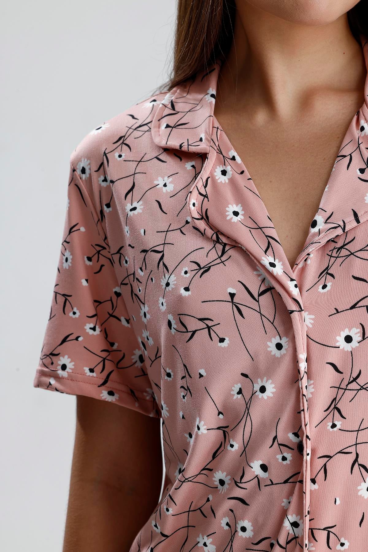 Kadın Çiçek Desen Önden Düğmeli Pijama Takım | Pembe