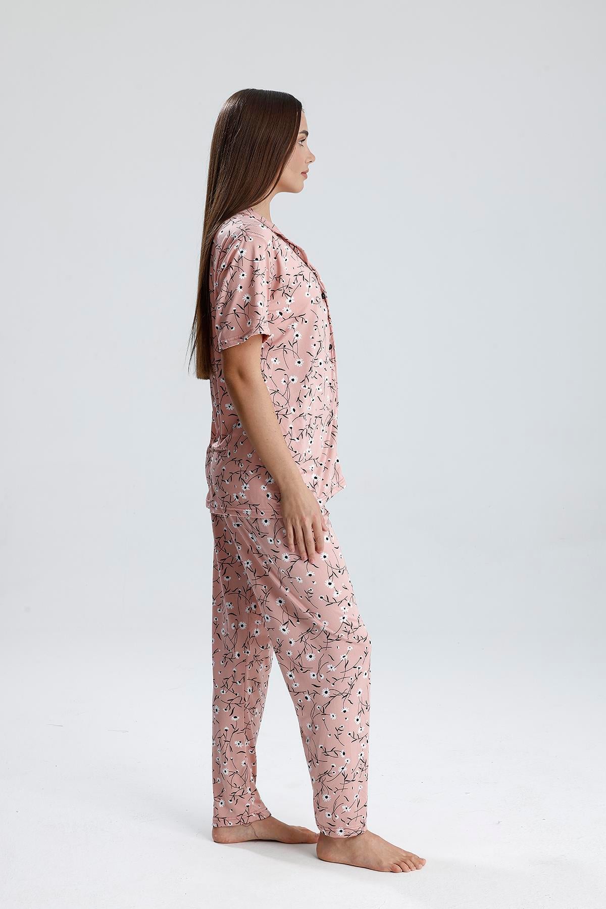 Kadın Çiçek Desen Önden Düğmeli Pijama Takım | Pembe