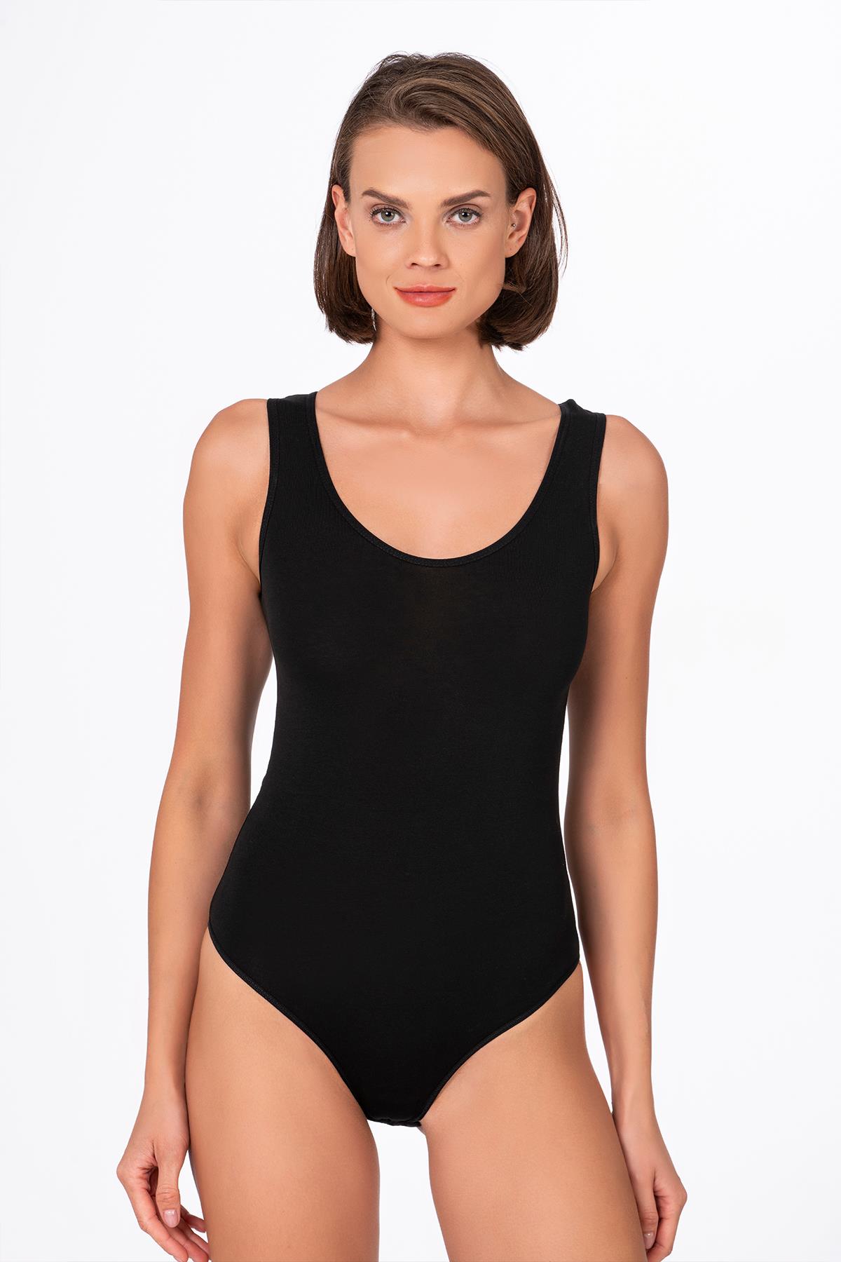 Kadın Çıtçıtlı Biyeli Kalın Askılı Body Siyah | K0602