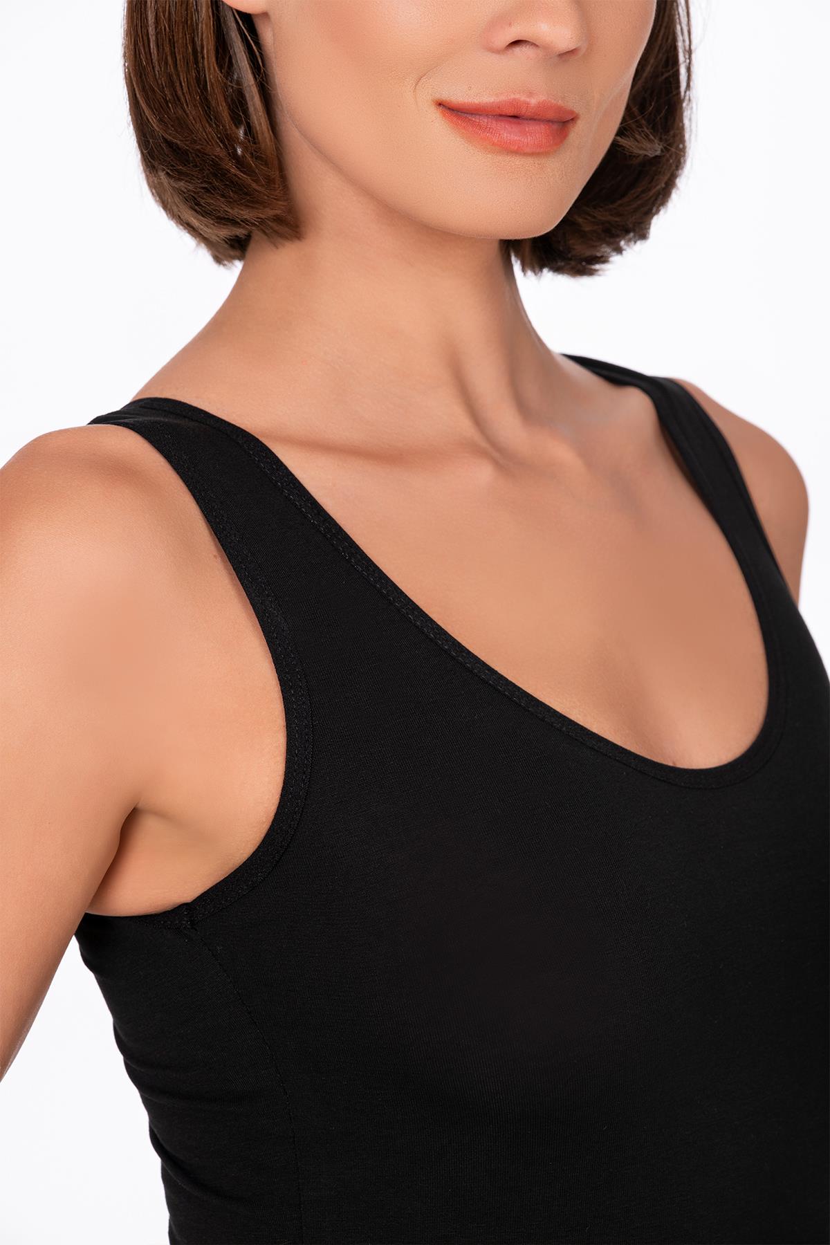 Kadın Çıtçıtlı Biyeli Kalın Askılı Body Siyah | K0602