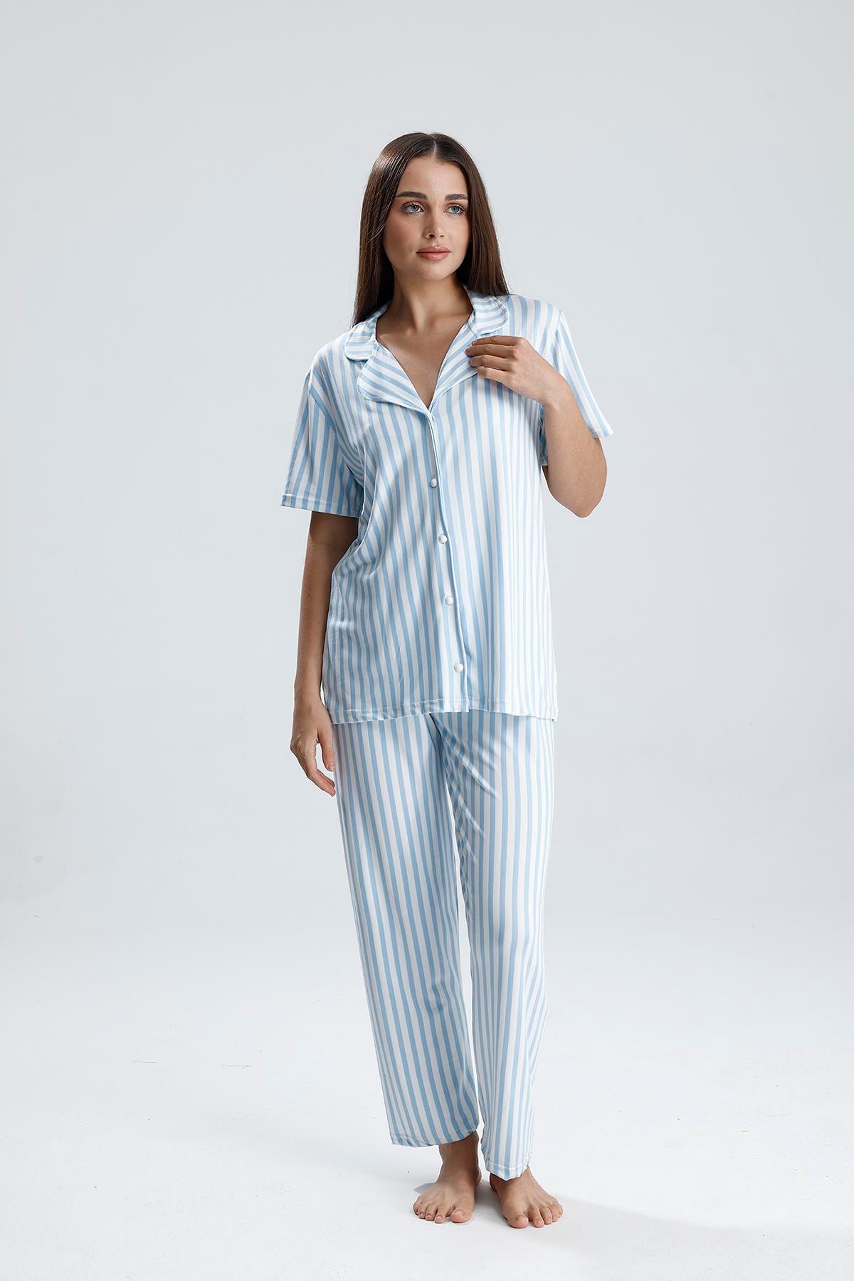 Kadın Çizgili Önden Düğmeli Pijama Takım | Mavi