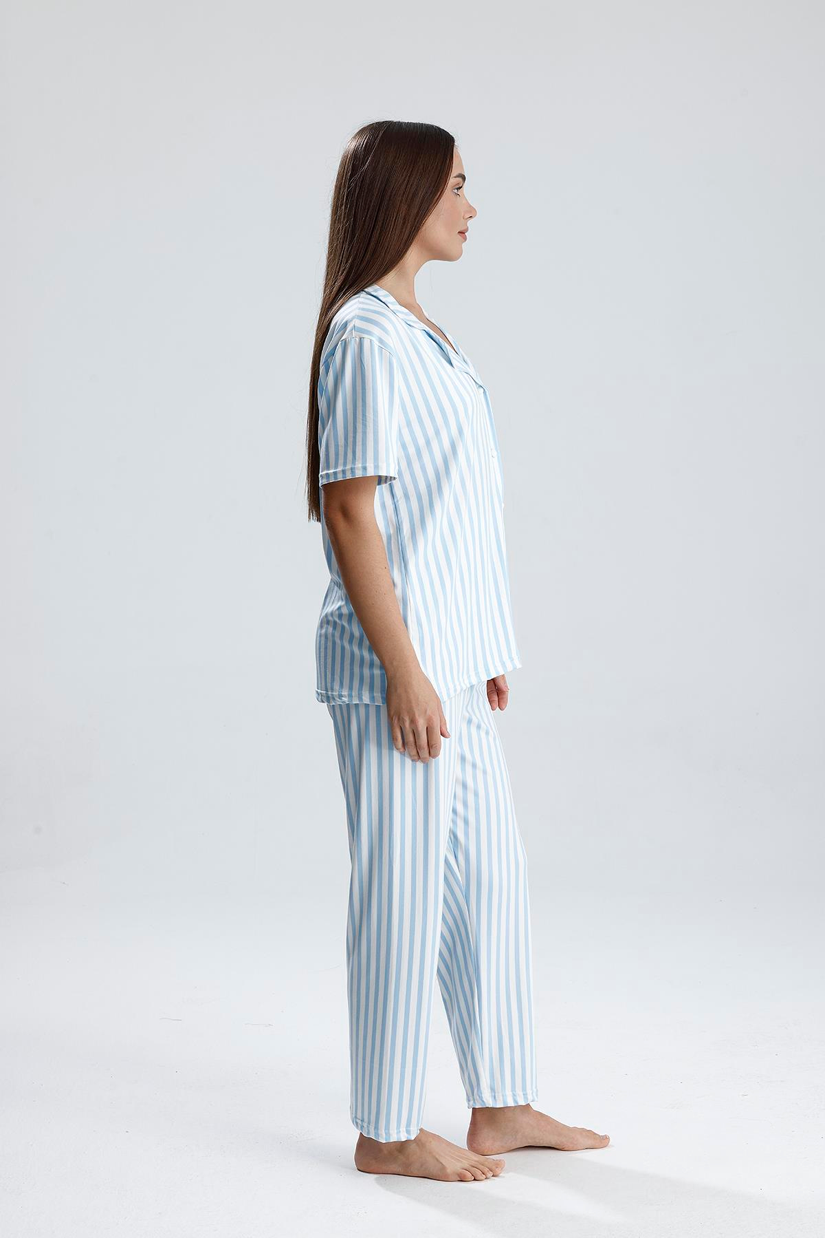 Kadın Çizgili Önden Düğmeli Pijama Takım | Mavi