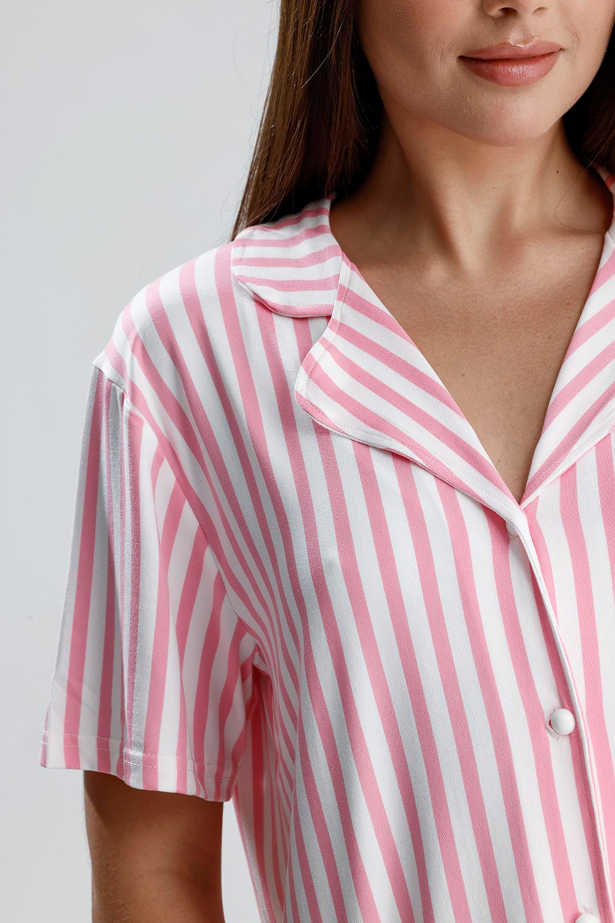 Kadın Çizgili Önden Düğmeli Pijama Takım | Pembe