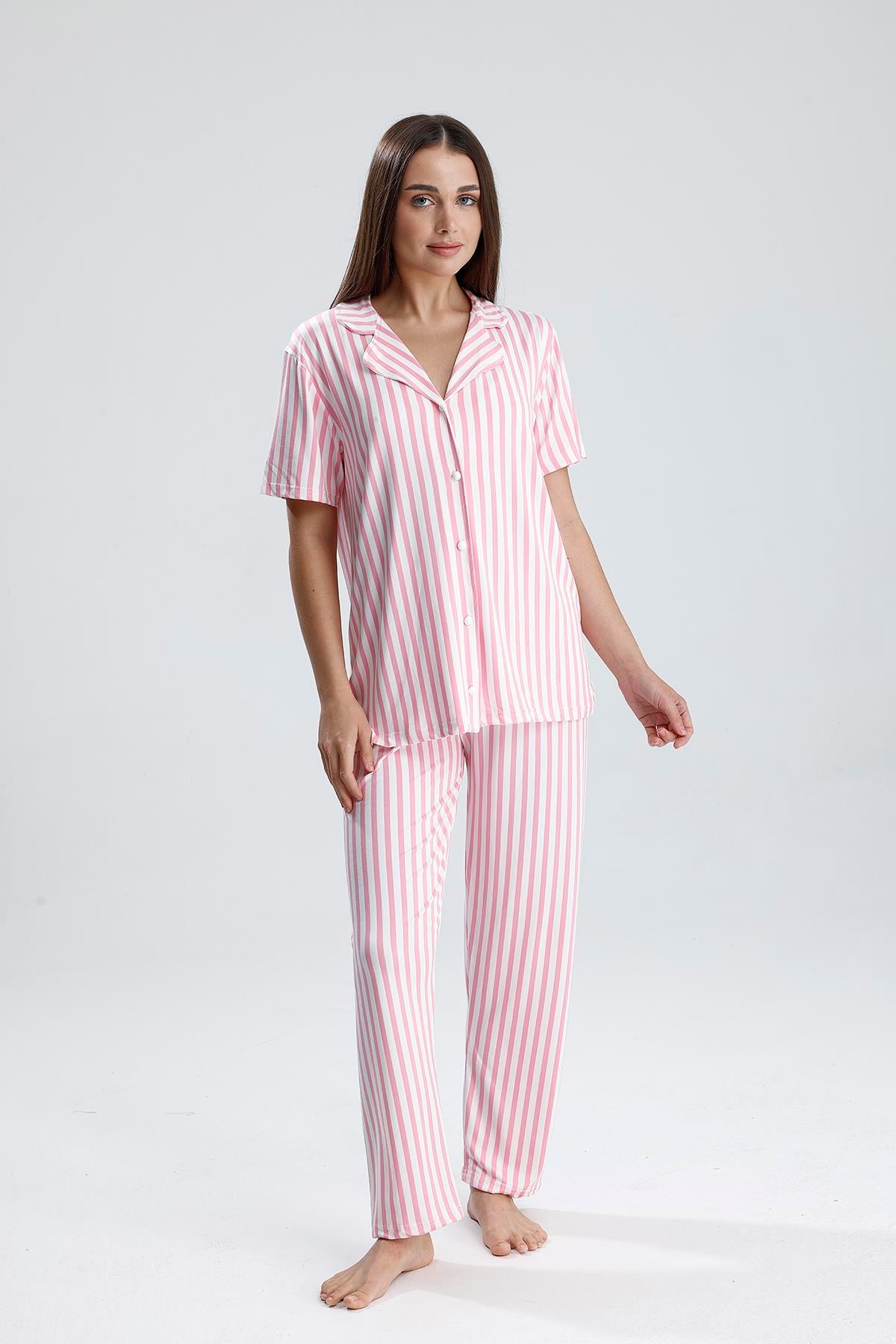 Kadın Çizgili Önden Düğmeli Pijama Takım | Pembe