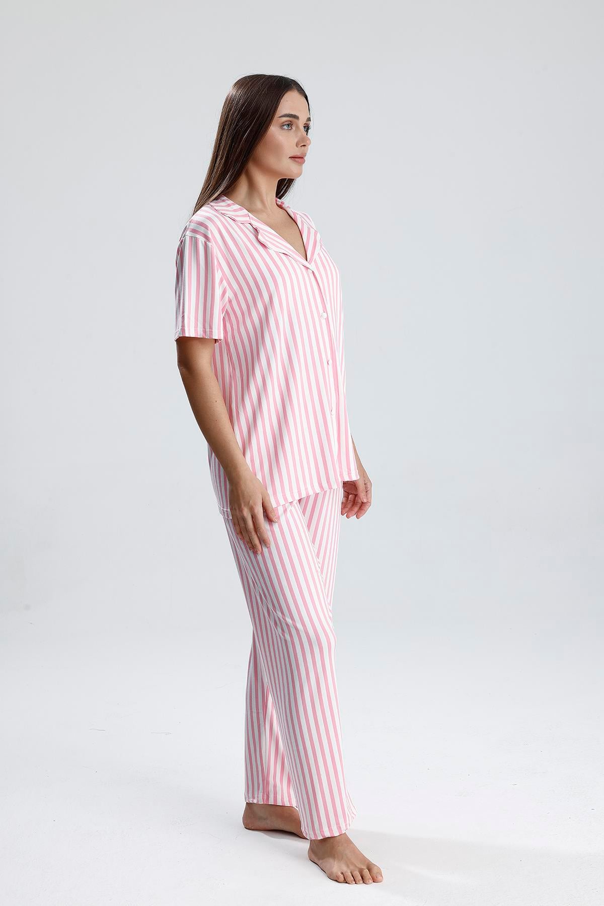 Kadın Çizgili Önden Düğmeli Pijama Takım | Pembe