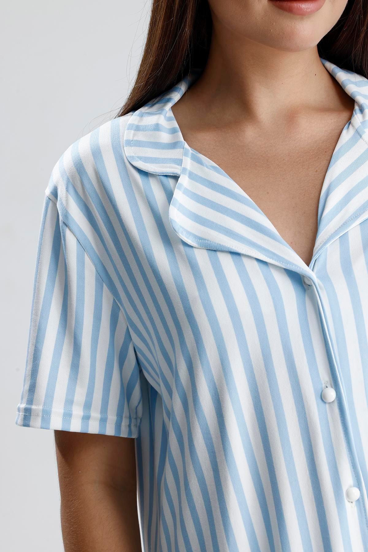 Kadın Çizgili Önden Düğmeli Pijama Takım | Mavi