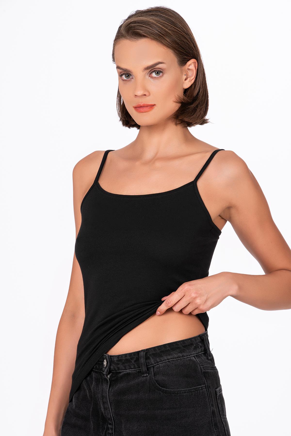 Kadın Esnek Rahat Biyeli İp Askılı Pamuklu Modal Atlet | Siyah K24264