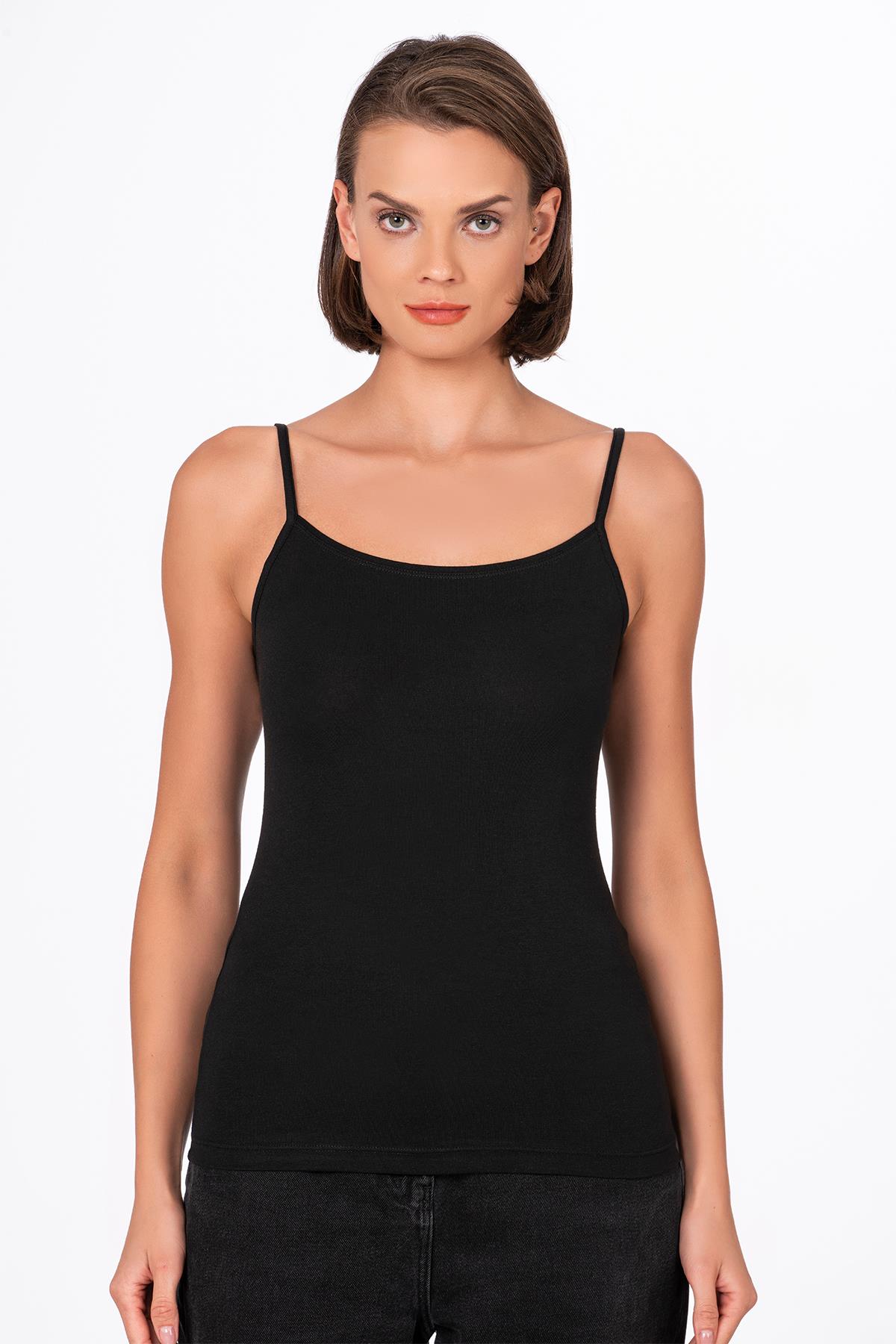 Kadın Esnek Rahat Biyeli İp Askılı Pamuklu Modal Atlet | Siyah K24264