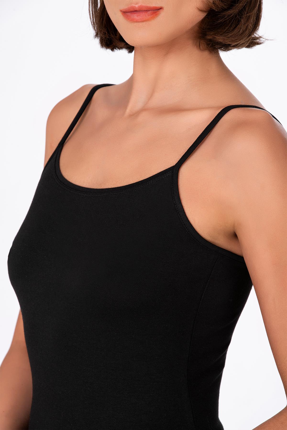 Kadın Esnek Rahat Biyeli İp Askılı Pamuklu Modal Atlet | Siyah K24264