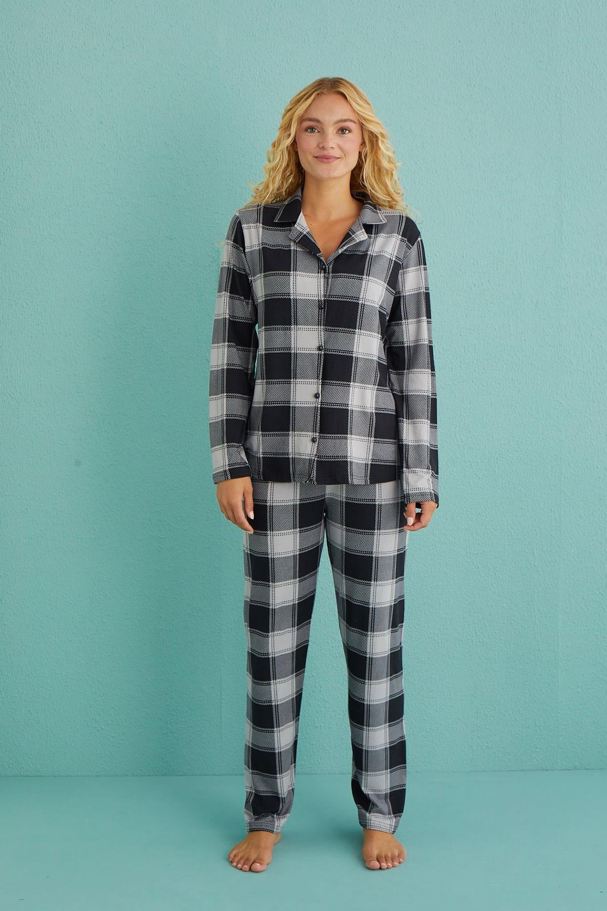 Kadın Genç Milan Önden Düğmeli Uzun Kollu Pijama Takımı | 50701-63