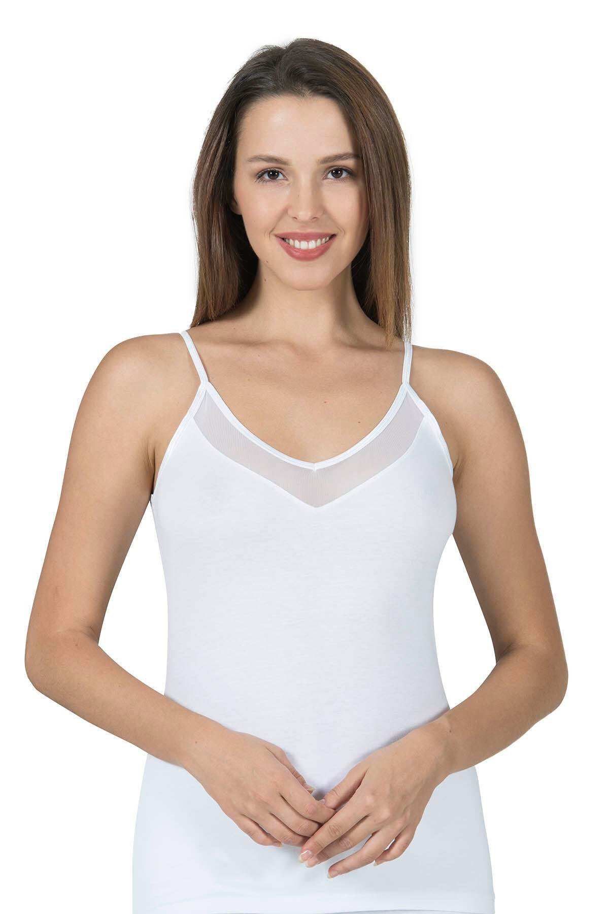 Kadın İnce Askılı Tüllü Modal Atlet | Beyaz K22813